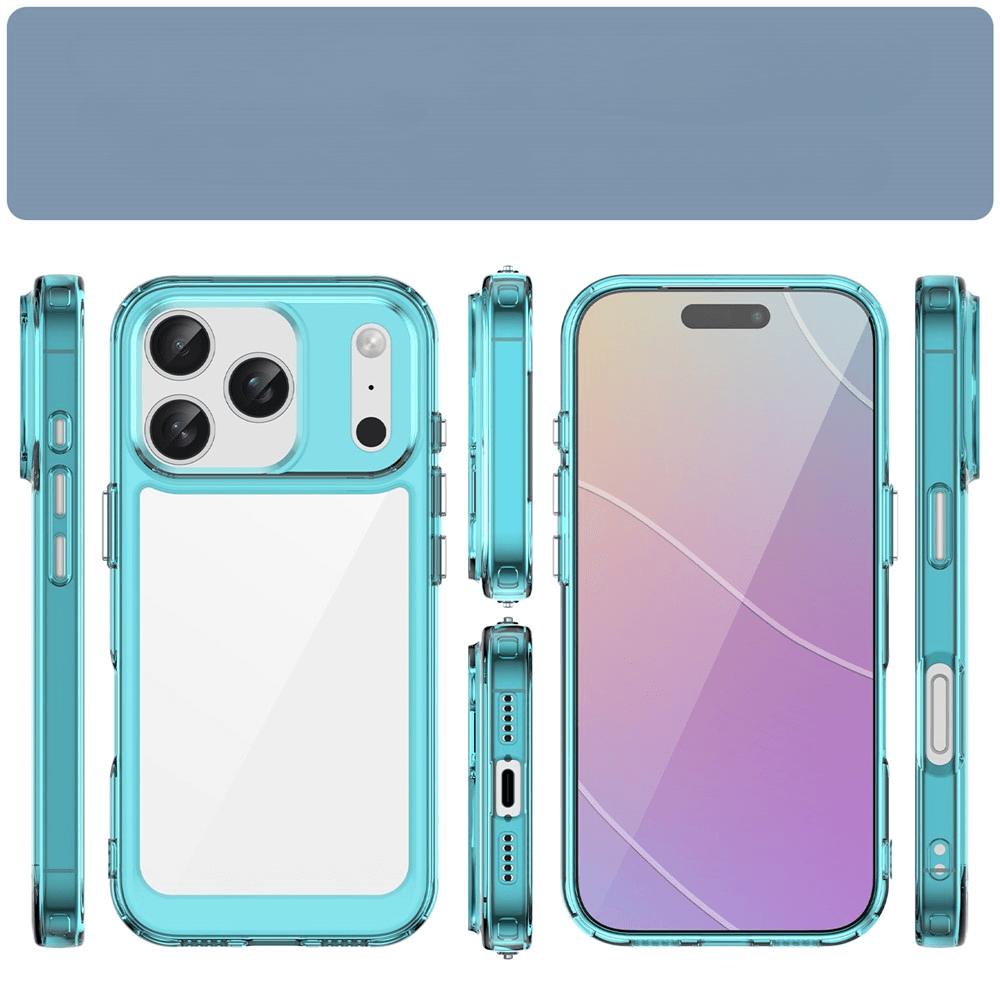 Smartphone mit klarem blauem Schutzcover, Vorder- und Rückseite mit dreifacher Kamera, Seitenansicht und Anschlüsse.