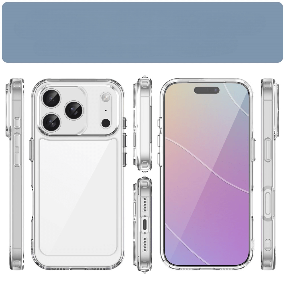 Die iPhone 17 Pro Schutzhülle von Cover-Discount aus Acryl mit erhöhtem Rand wird vor farbigem Verlaufshintergrund präsentiert und überzeugt durch ihre transparente, kratzfeste Qualität.