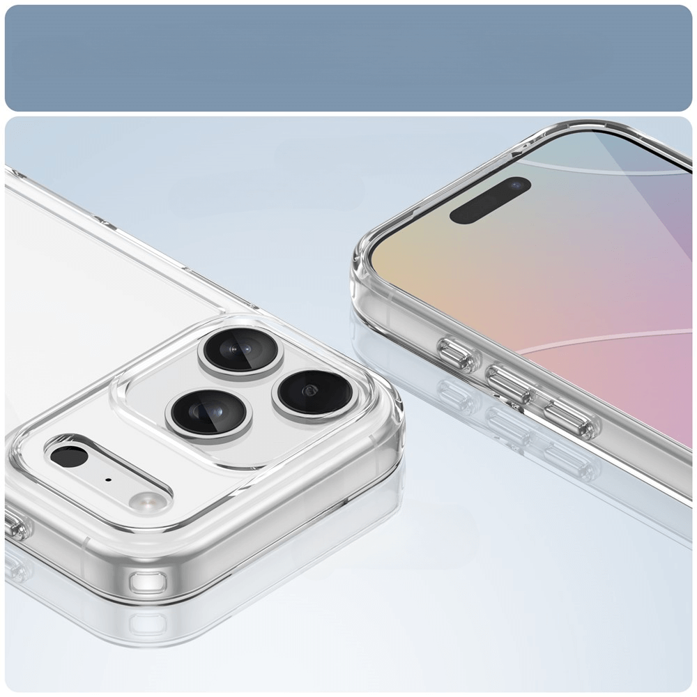 Cover-Discount's iPhone 17 Pro - Schützende Acryl-Handyhülle mit erhöhtem Rand schützt Kameralinsen und Seitentasten. Zwei moderne Smartphones zeigen das kratzfeste Case auf reflektierendem Untergrund.