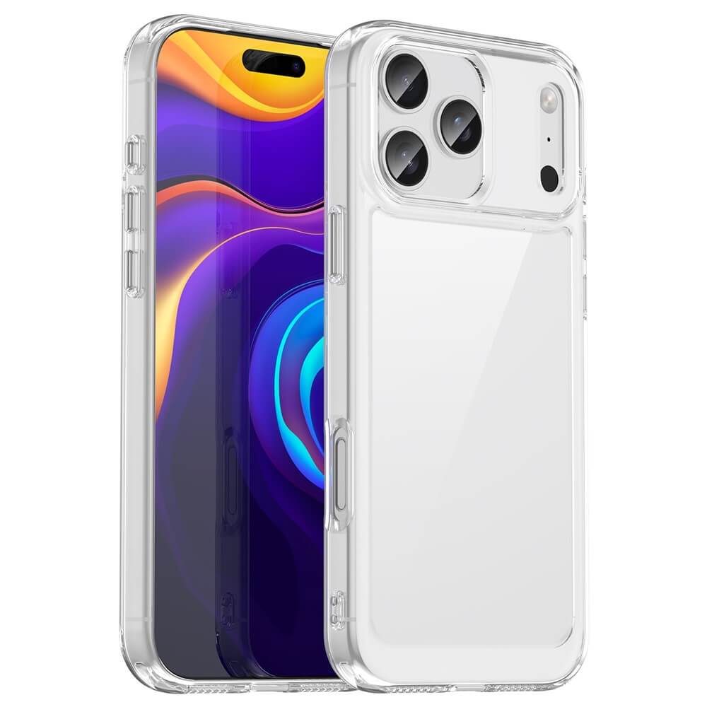 Modernes Smartphone mit transparentem Schutzcase, farbigem Muster auf der Vorderseite, Dual-Frontkamera und Dreifachkamera mit Blitz auf der Rückseite.