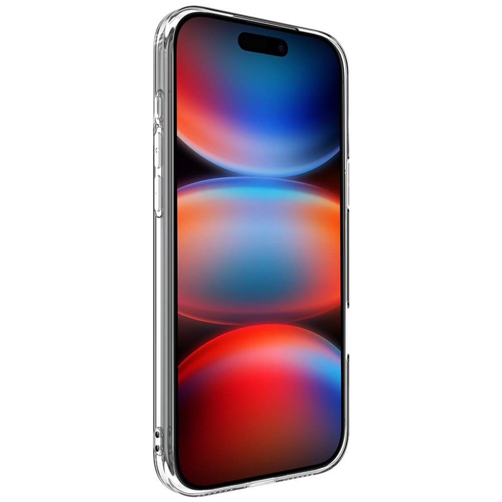 Smartphone mit durchsichtigem Schutzcase und farbenfrohem Bildschirm in Rot-, Blau- und Orangetönen.