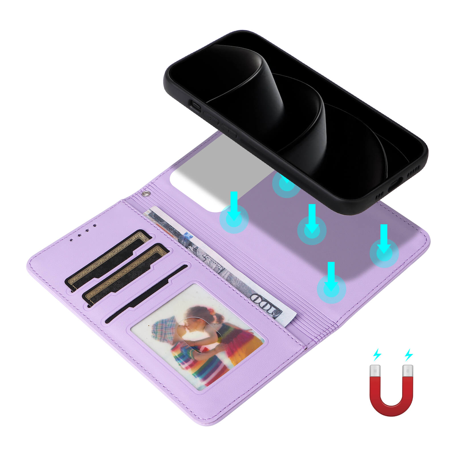 Schwarzes Smartphone schwebt über lavendelfarbenem Brieftaschenetui mit Kartenfächern und 100-Dollar-Schein.