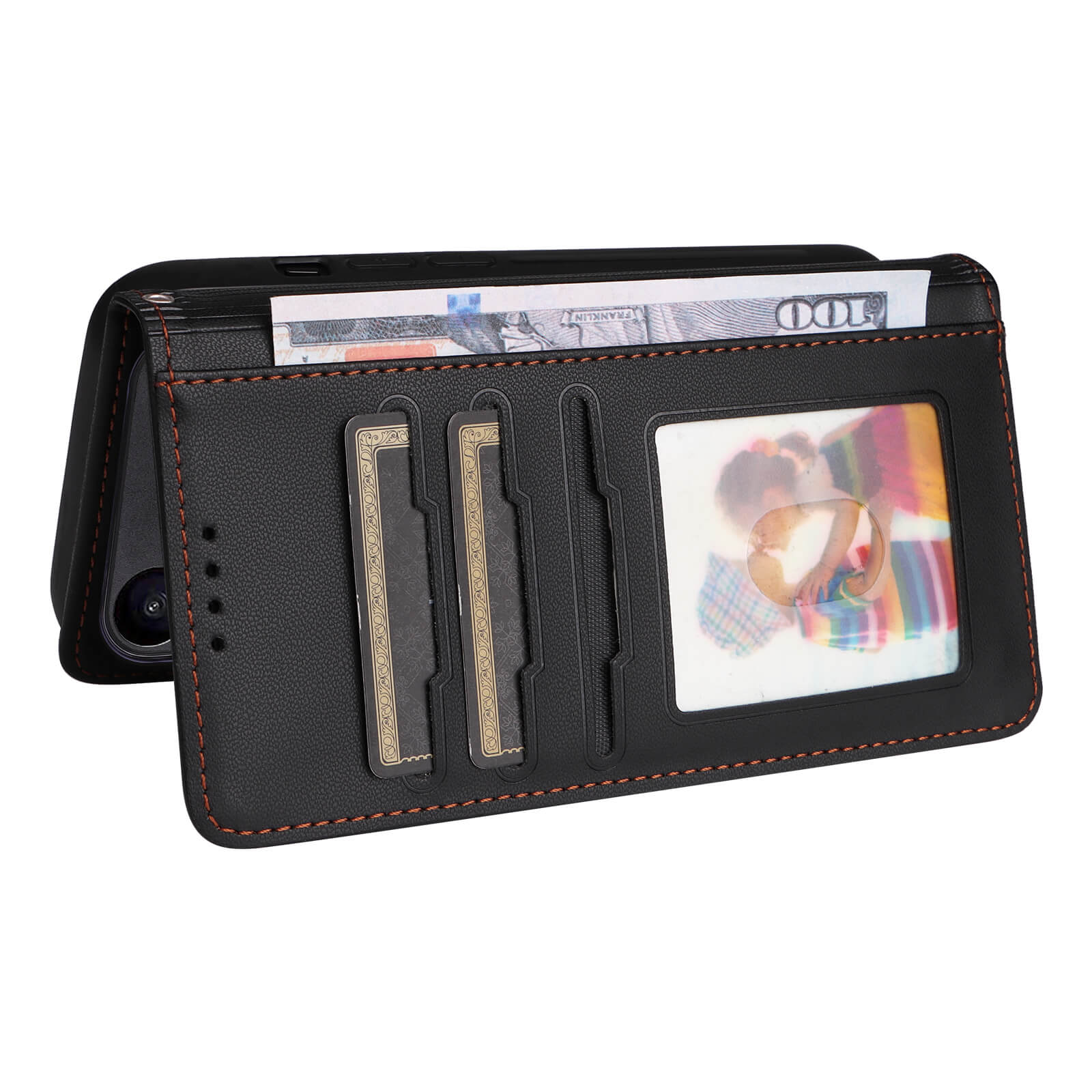 Schwarze Leder-Handyhülle im Wallet-Stil mit orangefarbenen Nähten, geöffnet mit Geldschein, Karten und Foto.
