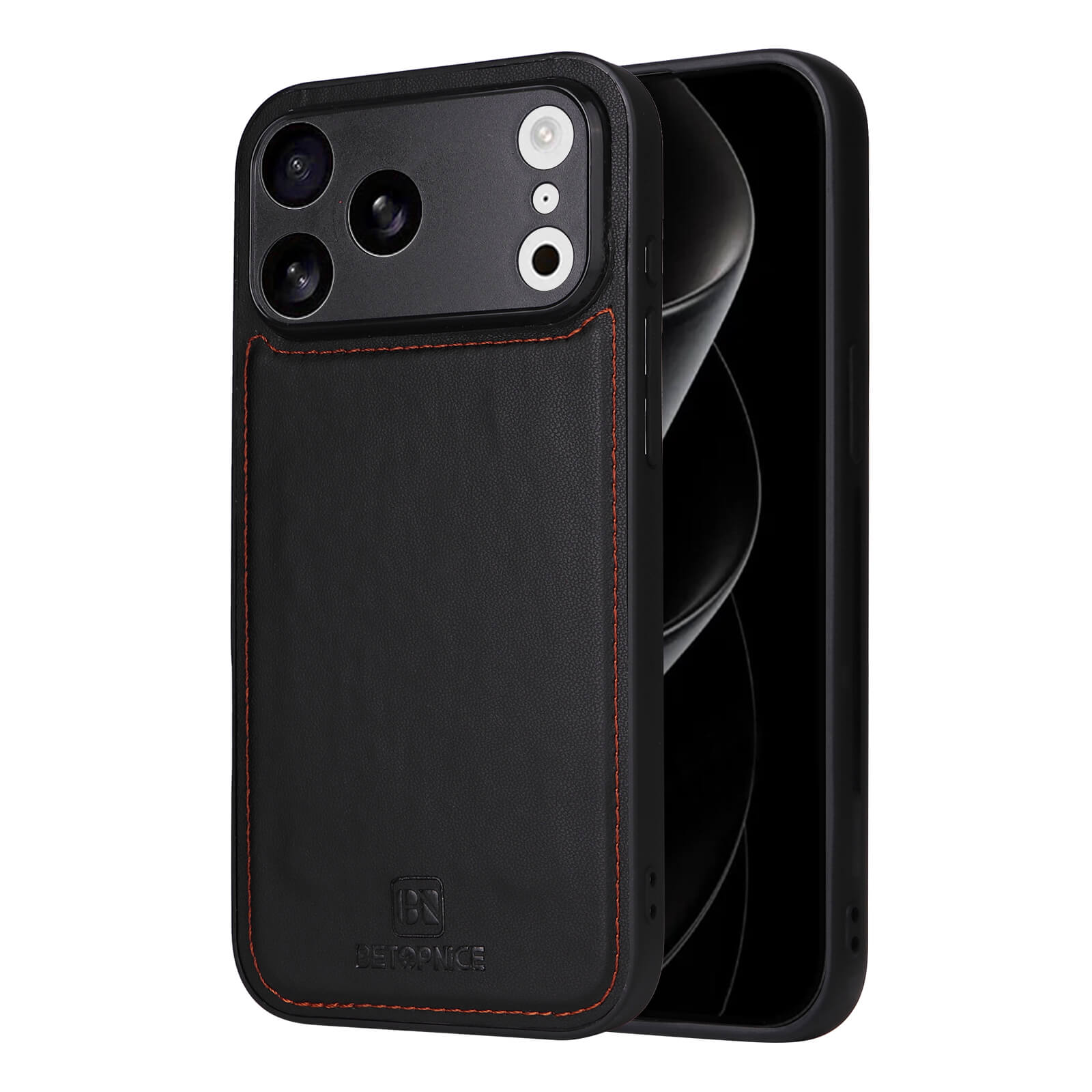 Modernes Smartphone mit schwarzer, lederähnlicher Schutzhülle und oranger Naht, geprägt mit BN DETOPNICE Logo.