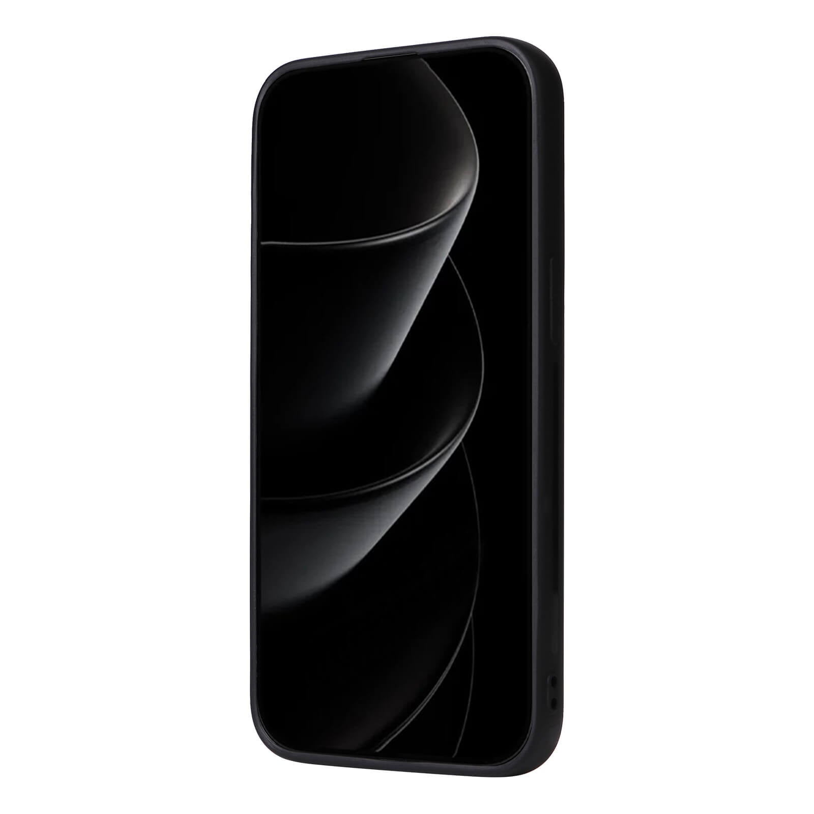 Schwarzes Smartphone mit abgerundeten Kanten, reflektierendem Display, vor weißem Hintergrund.