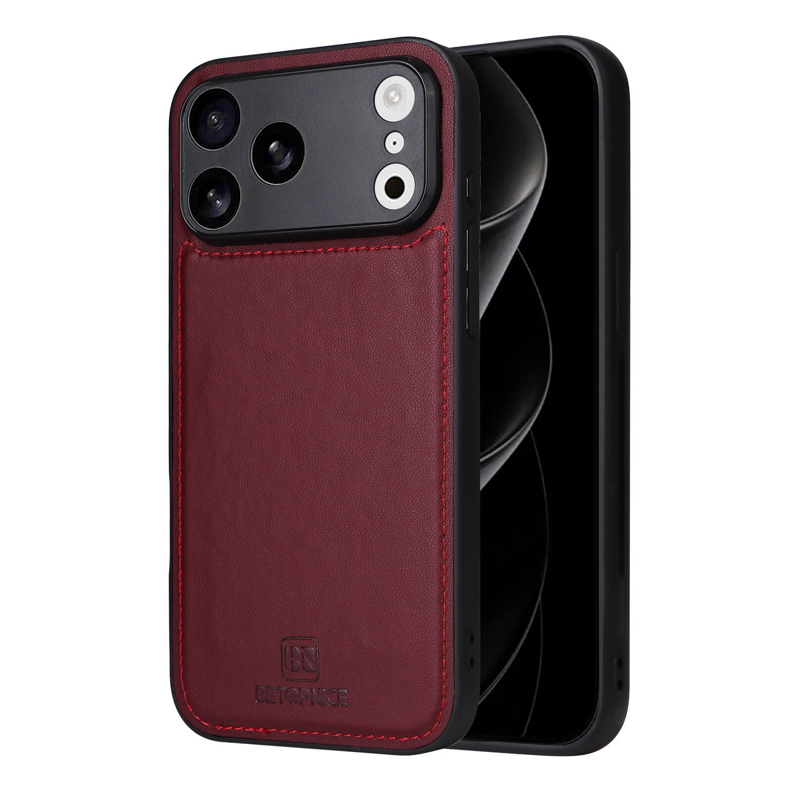 Smartphone mit rotem Leder-Case von GETOPNICE, präzise gesteppt, sichtbare Dreifachkamera, eleganter Schutz.