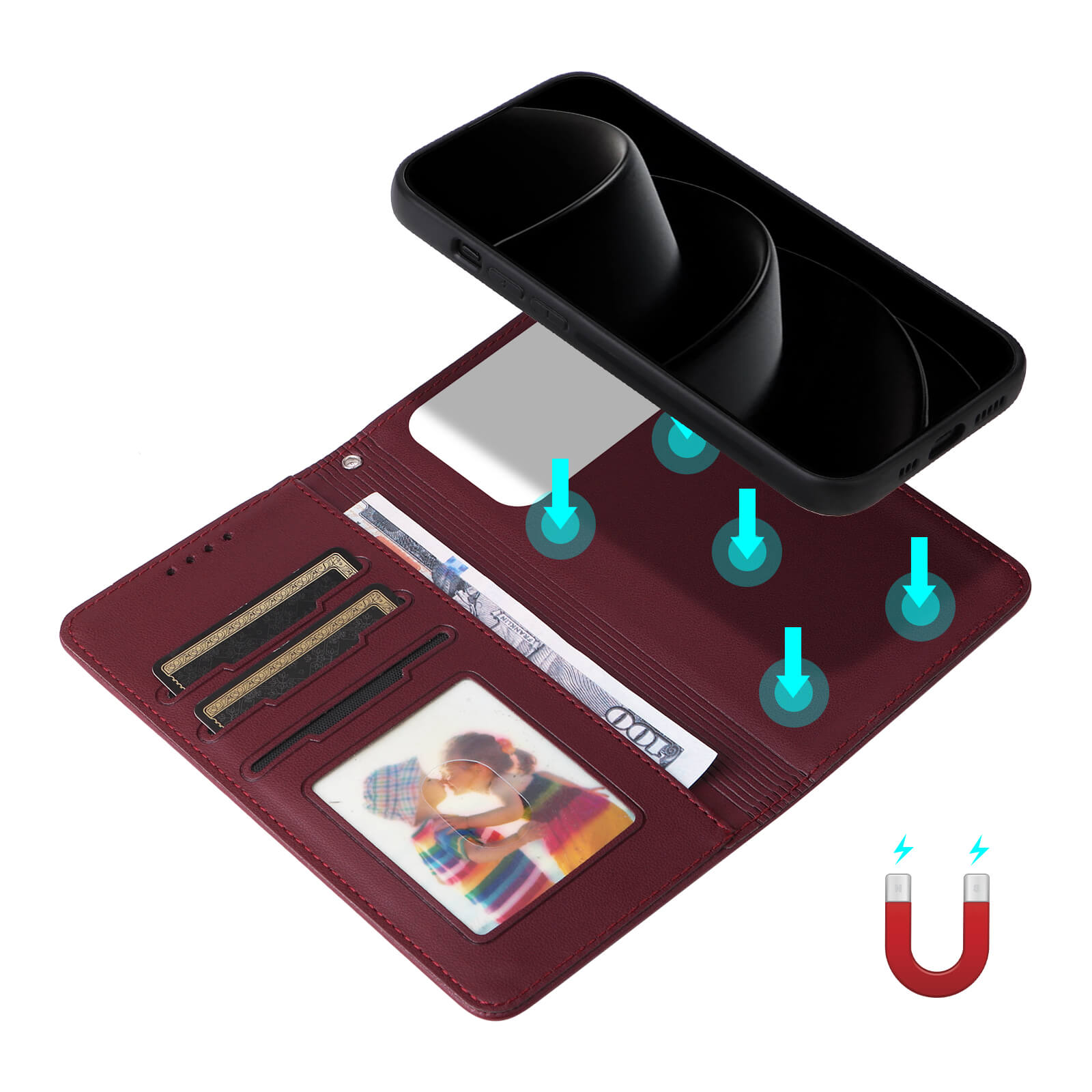Bordeauxfarbene Leder-Geldbörsenhülle mit Kartenfächern, Ausweisfenster, Geldscheinfach und modernem Smartphone.