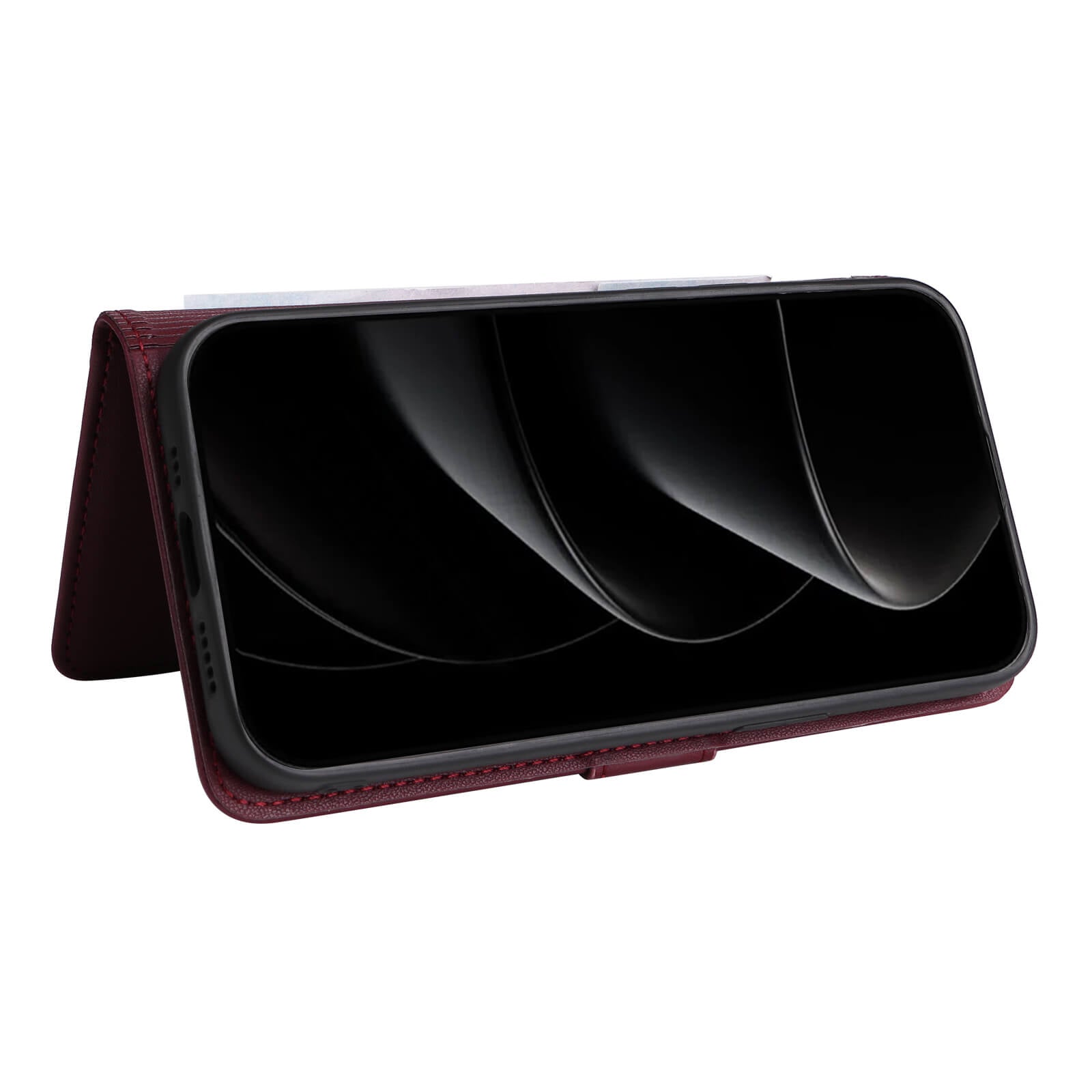 Ein iPhone 17 Pro Max in einer dunkelroten Cover-Discount Teilbare Brieftasche 2-in-1 Handyhülle, horizontal auf einem weißen Hintergrund positioniert.