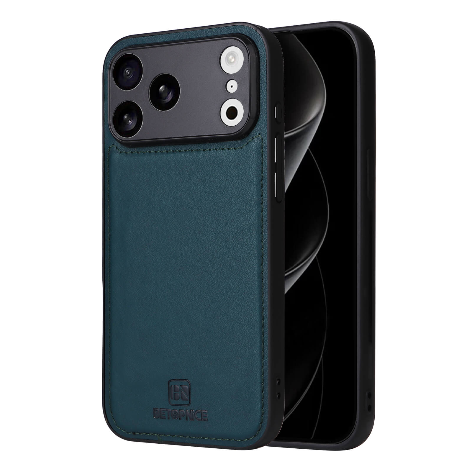 Smartphone in dunkelgrünem Lederetui BETOPNICE mit sichtbaren Kameralinsen und eleganter Naht.