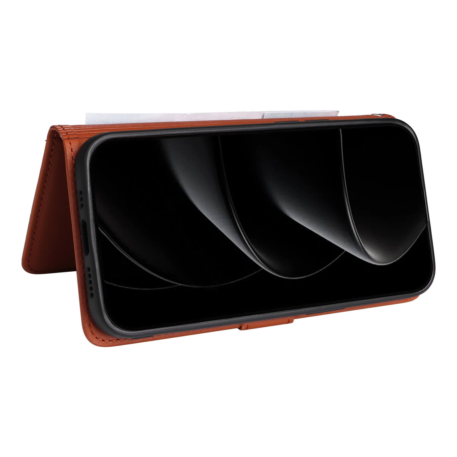 Braune Lederhülle im Wallet-Stil mit Smartphone und Kartenfach, stilvoller Schutz.