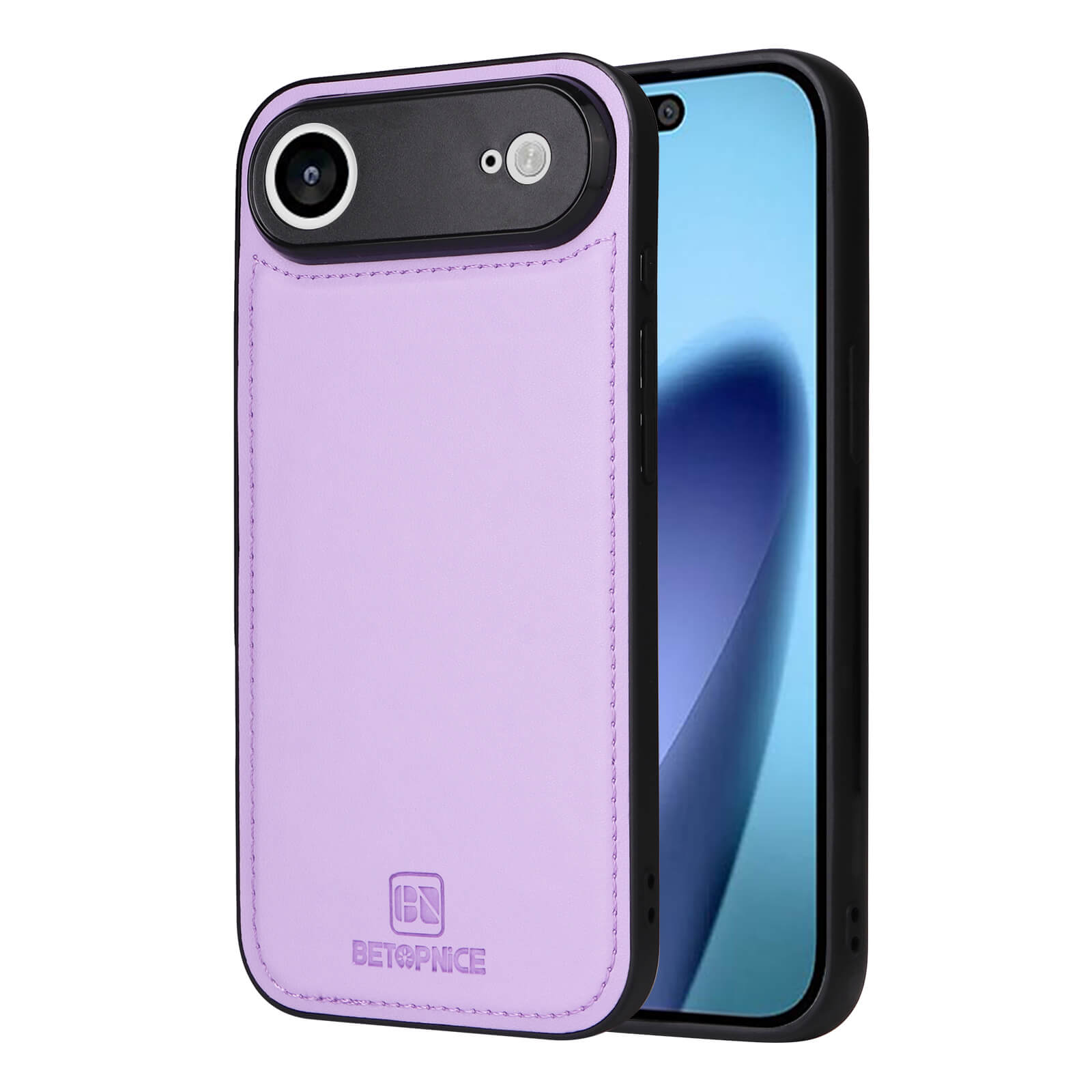 Ein iPhone 17 Air in einer lavendelfarbenen Cover-Discount Teilbare Brieftasche 2-in-1 Handyhülle wird von hinten und vorne auf einem weißen Hintergrund dargestellt.