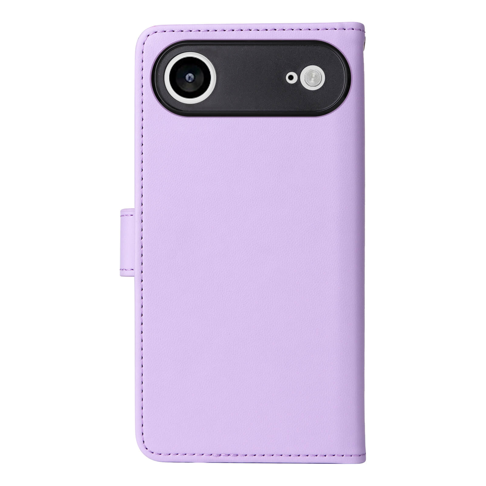 Smartphone in pastellviolettem Leder-Flipcase mit Kameraausschnitt und sauberer Naht