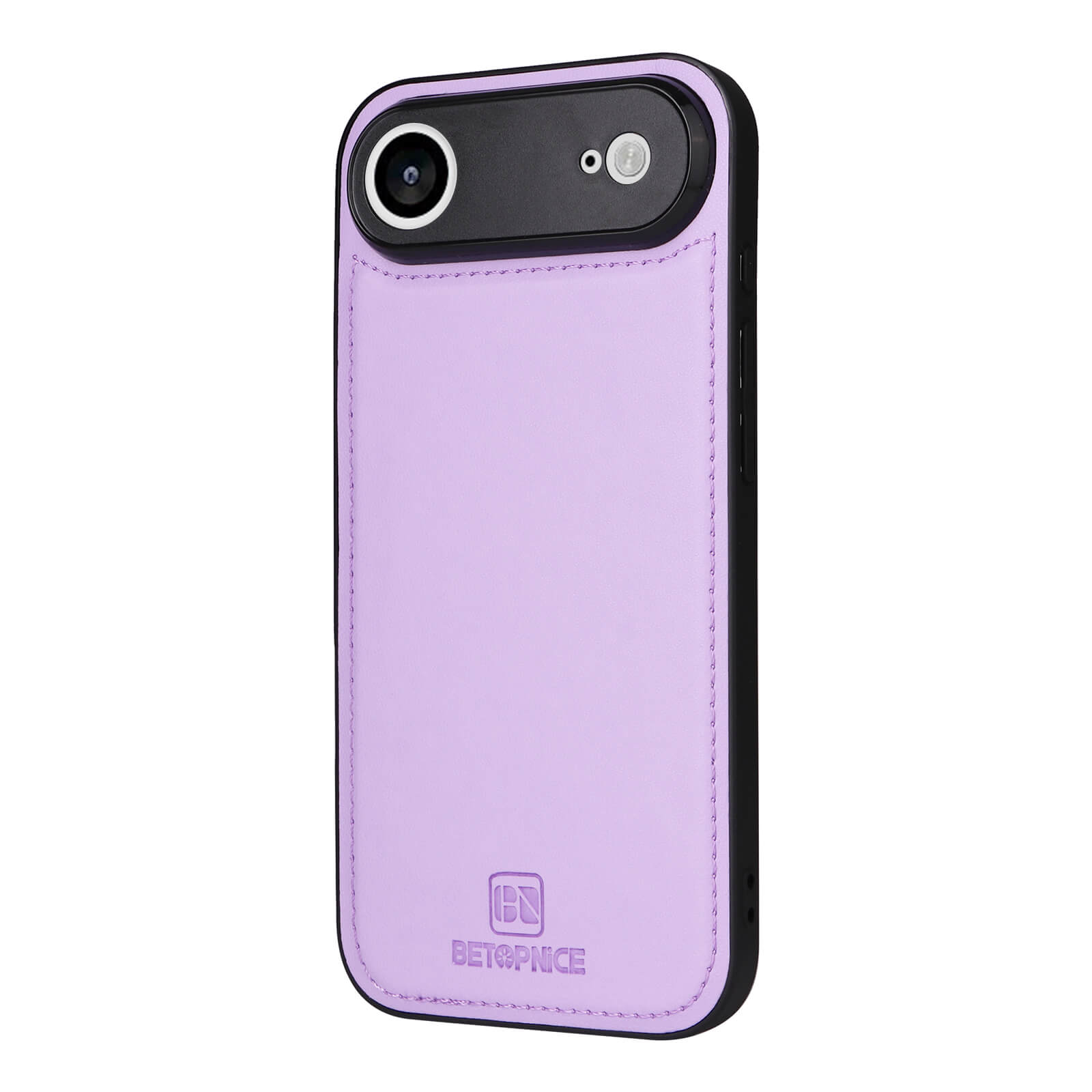 Ein Smartphone mit lila Lederhülle von BETOPNICE, gesteppten Rändern und eingeprägtem Logo.