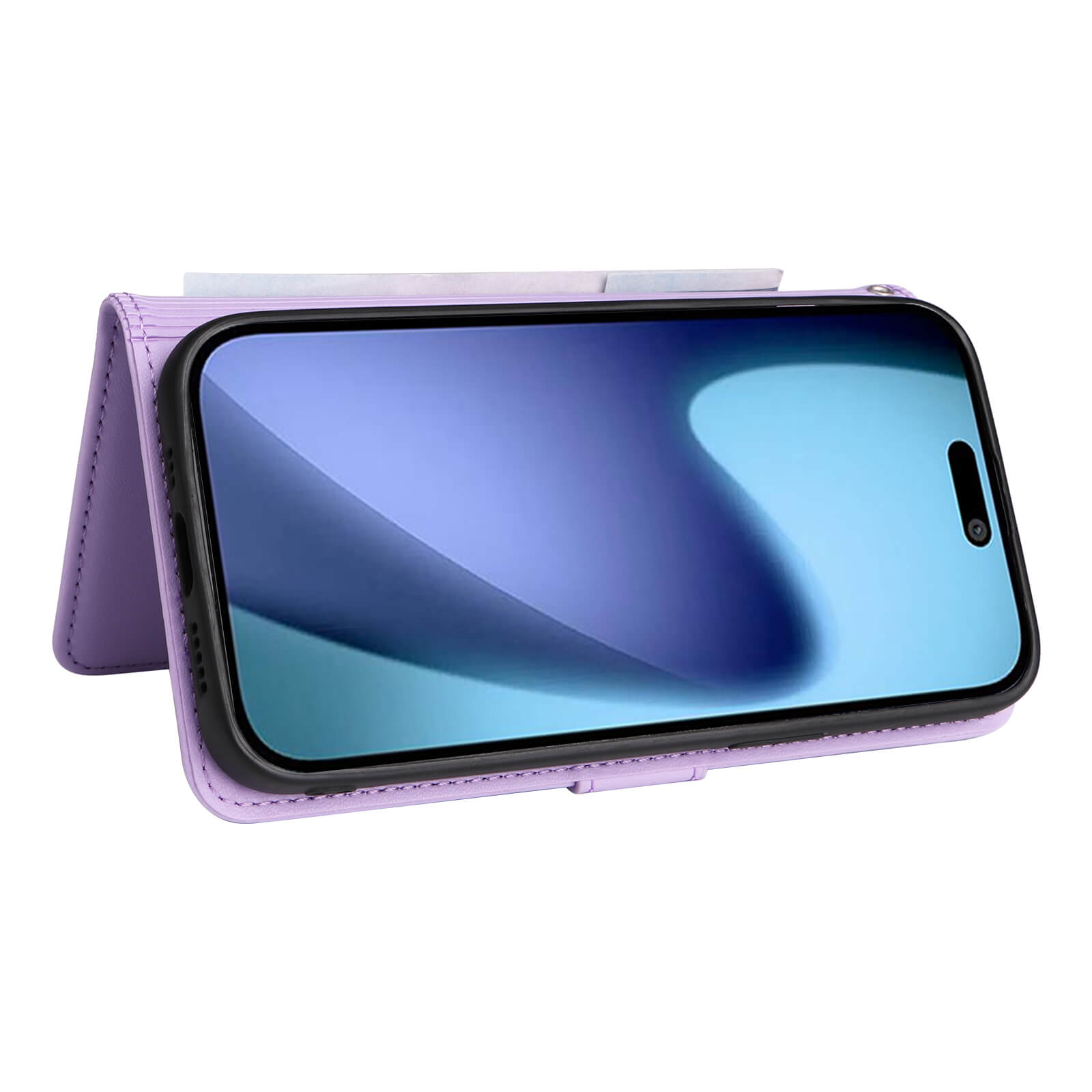 Smartphone in lila Leder-Wallet-Case, als Ständer gefaltet, mit blau-violettem Bildschirmhintergrund.
