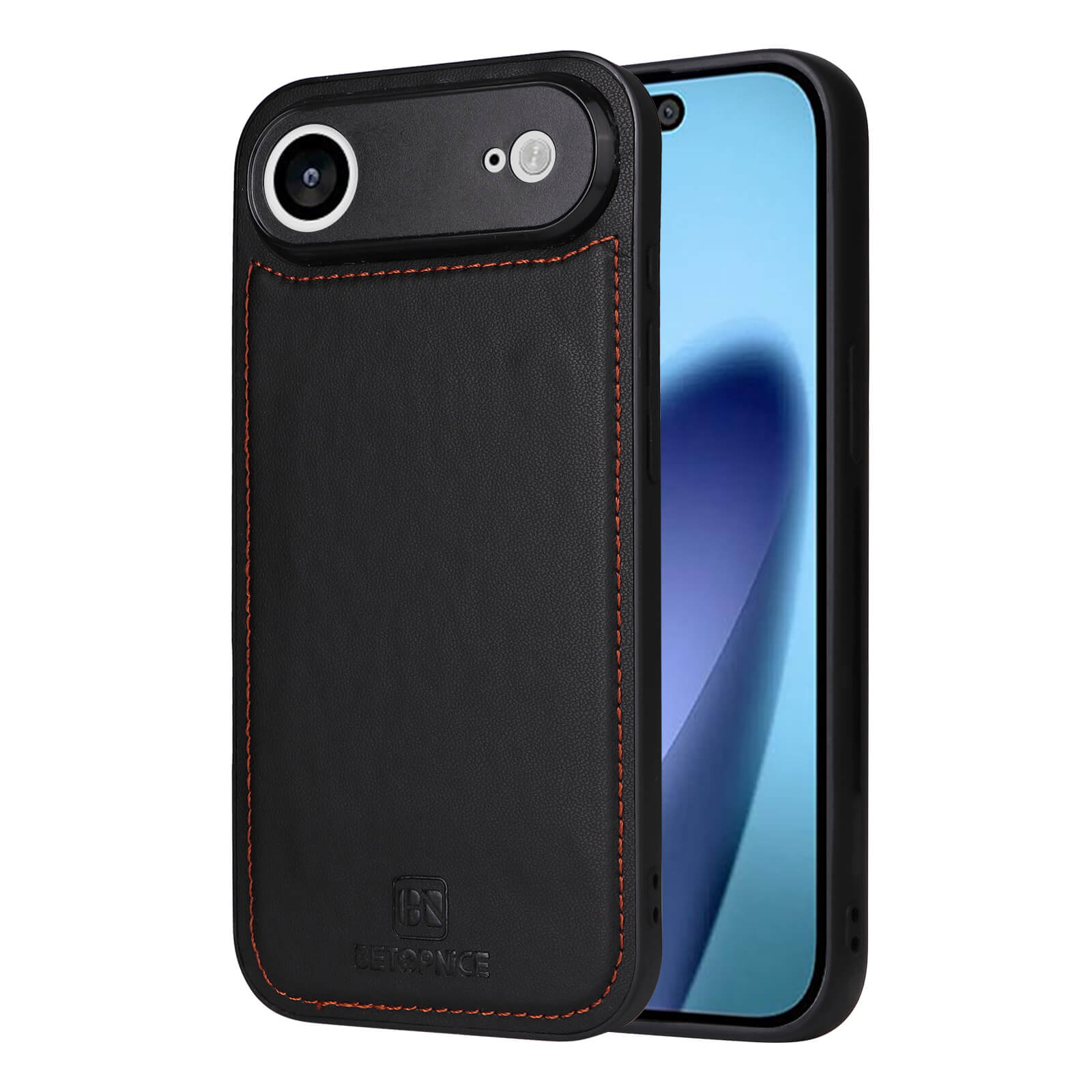 Schwarze Leder-Handyhülle mit roter Naht und BN BETERPNICE Logo, umschließt Smartphone mit blau-violettem Display.