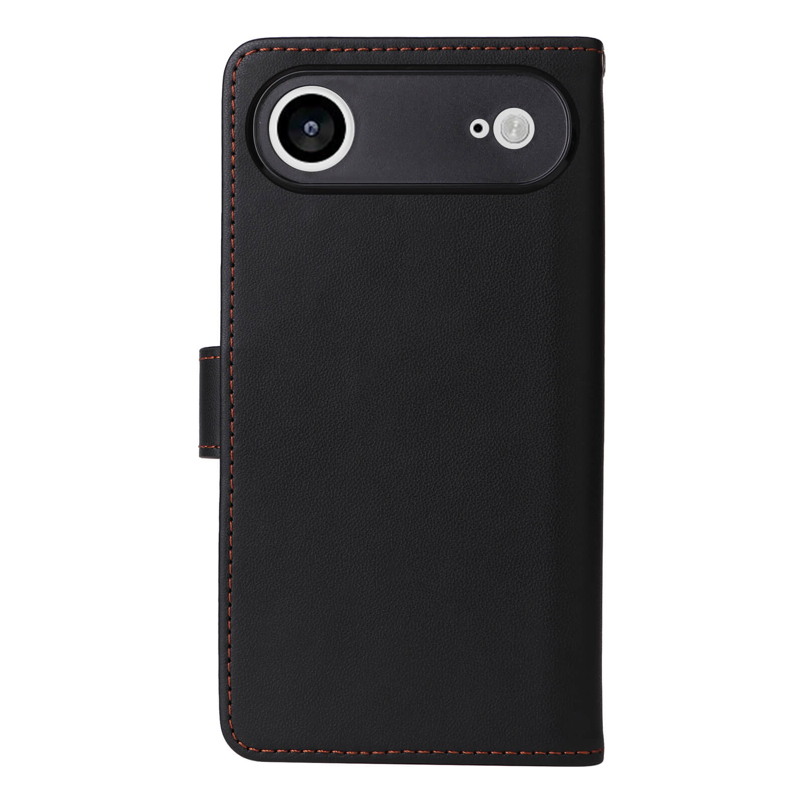 Schwarze Smartphone-Hülle mit roter Naht, Kameraaussparung auf weißem Hintergrund