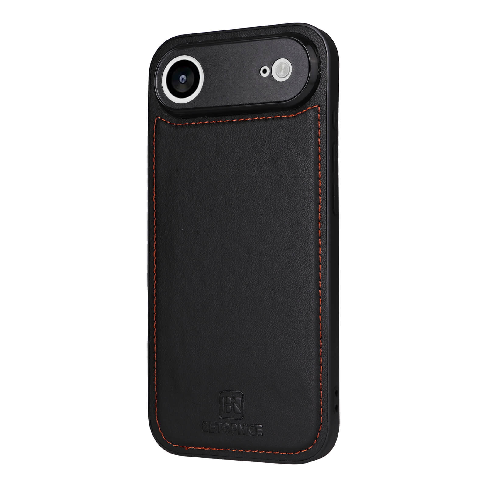 Die Cover-Discount iPhone 17 Air - Teilbare Brieftasche 2-in-1 Handyhülle verfügt über eine elegante schwarze Leder-Magnethülle mit orangefarbenen Nähten, die auf der Rückseite eines iPhone 17 Air angebracht ist.