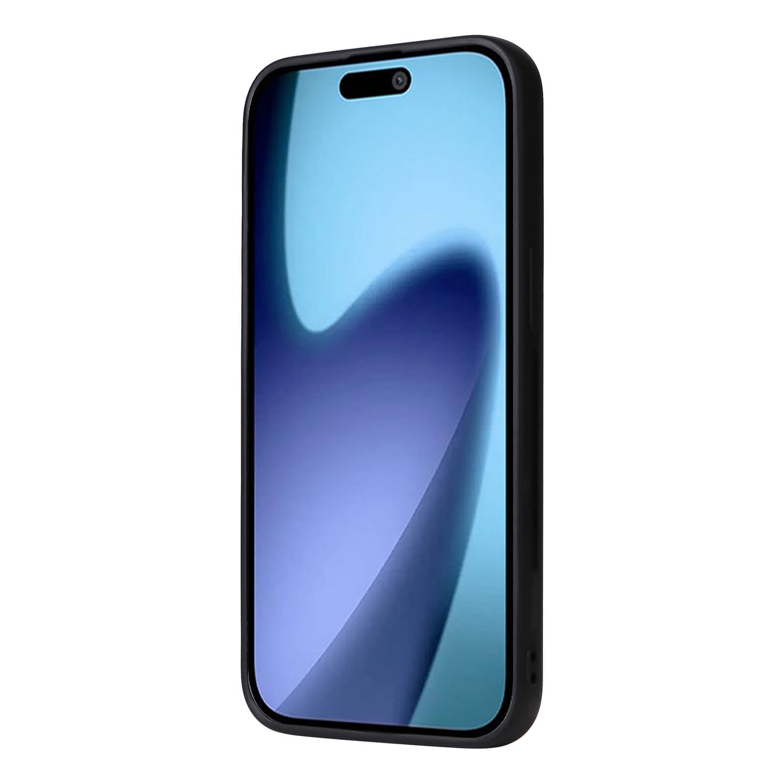 Smartphone mit schwarzer Schutzhülle TVC-MN01 und abstraktem blau-lila Display vor weißem Hintergrund