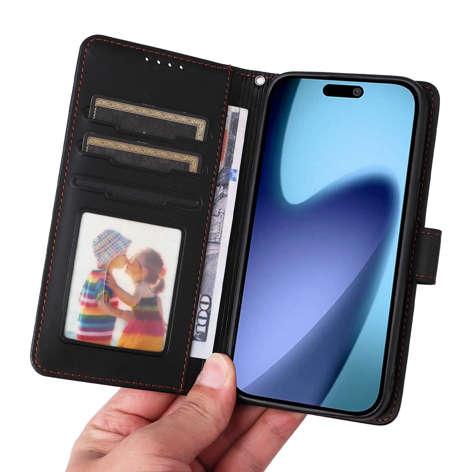 Eine Hand hält die Cover-Discount iPhone 17 Air - Teilbare Brieftasche 2-in-1 Handyhülle offen, um Karten, Bargeld, ein Foto und ein iPhone 17 Air gesichert in der magnetischen Handyhülle zu zeigen.