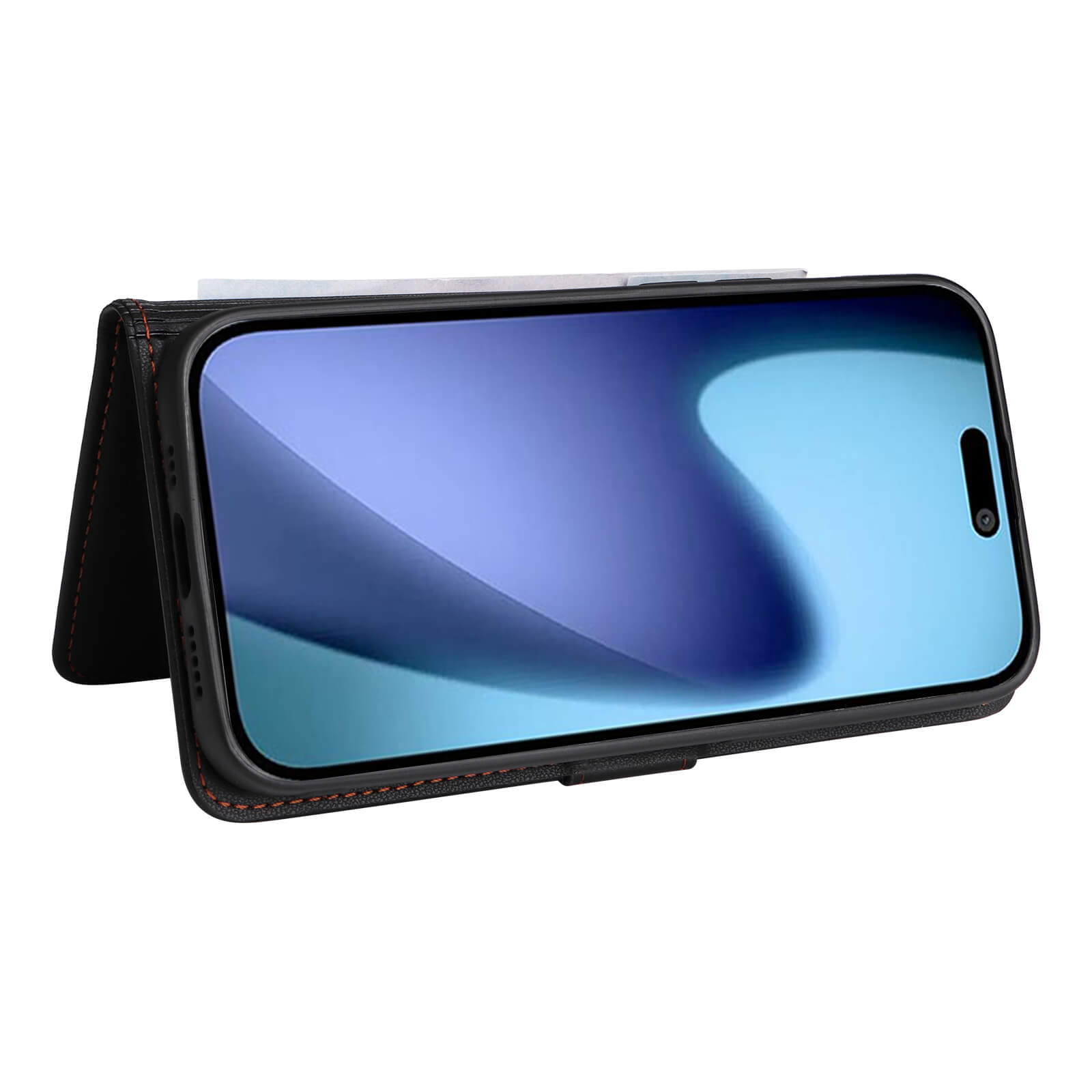 Modernes Smartphone im Querformat in schwarzer Folio-Hülle mit orangefarbener Naht als stabiler Ständer