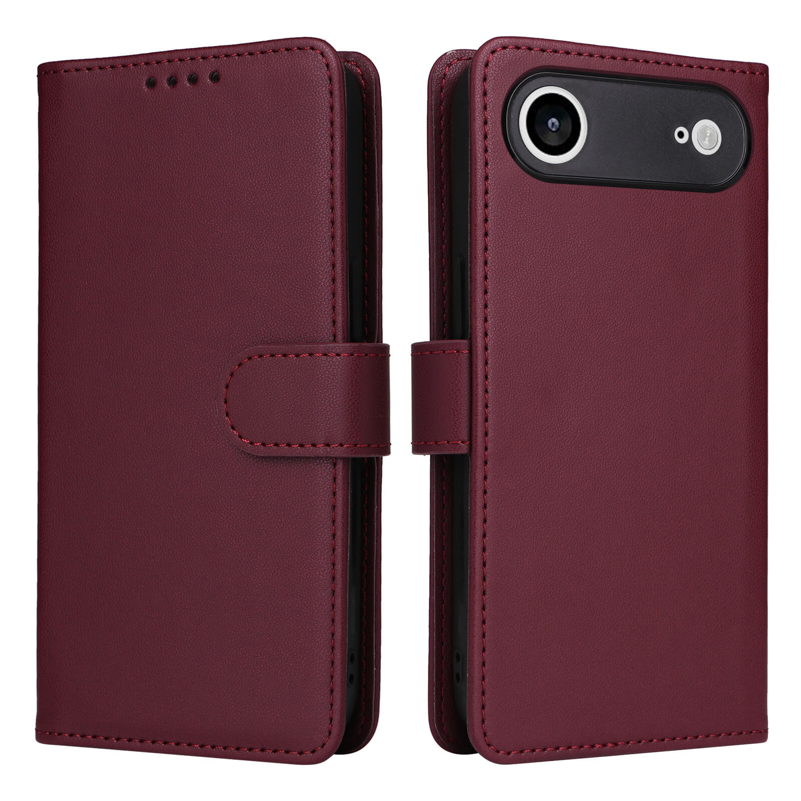 Die Cover-Discount iPhone 17 Air - Teilbare Brieftasche 2-in-1 Handyhülle in Maroon, abgebildet auf Vorder- und Rückseite, verfügt über einen Magnetverschluss und einen präzisen Kameraausschnitt.
