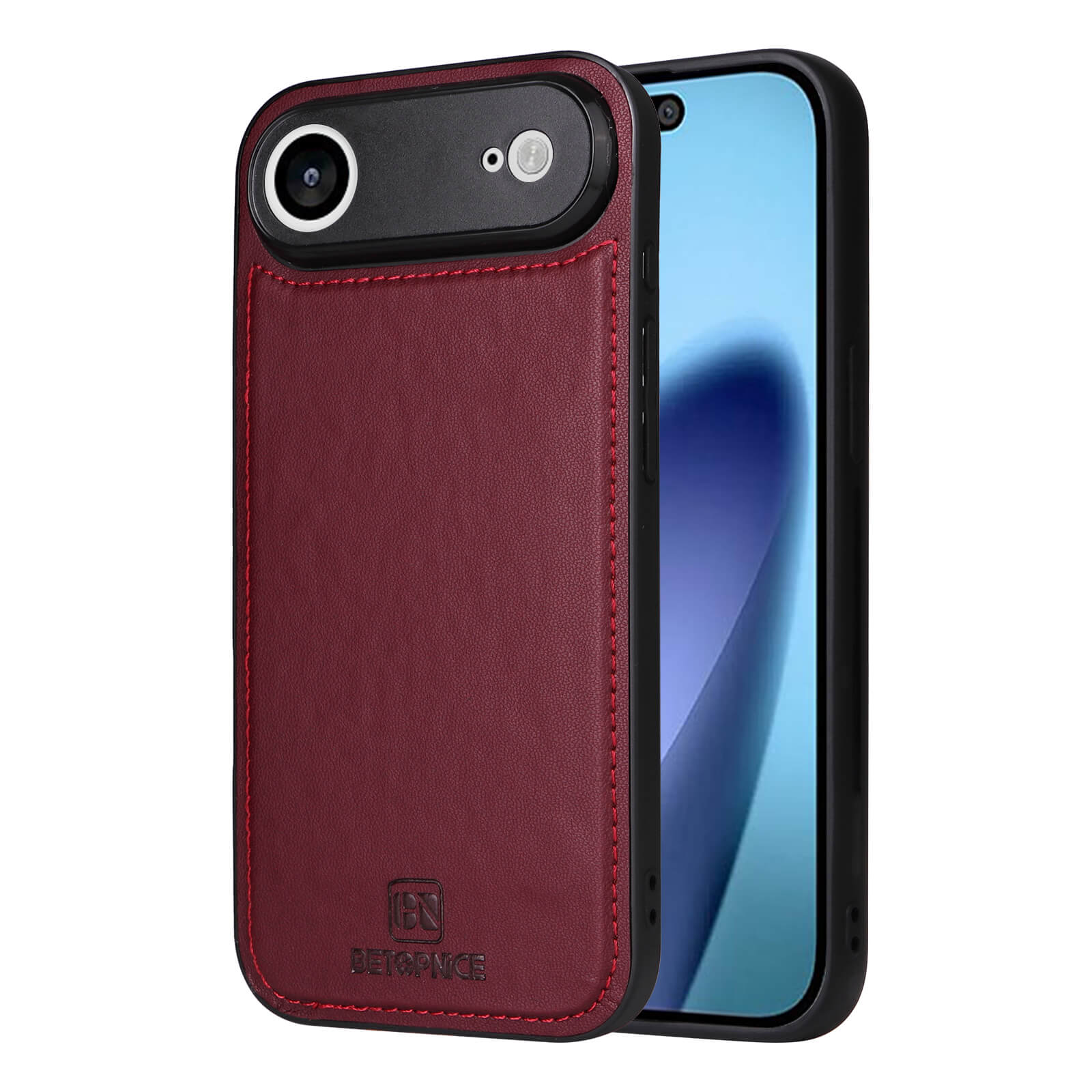 Ein iPhone 17 Air mit einer roten, lederbezogenen "Teilbare Brieftasche 2-in-1 Handyhülle" von Cover-Discount, mit Kameraausschnitt und eingeschaltetem Bildschirm.