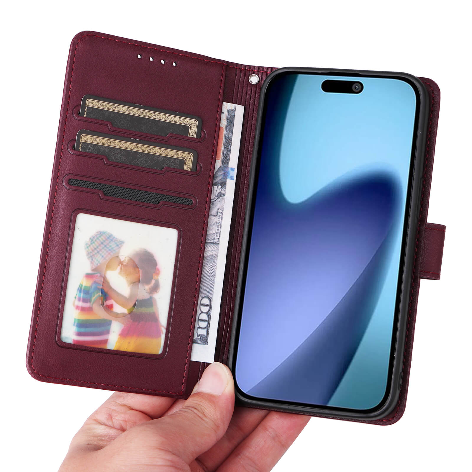 Elegante bordeauxrote Leder-Wallet-Hülle mit Smartphone, drei Kartenfächern und Fotofach.