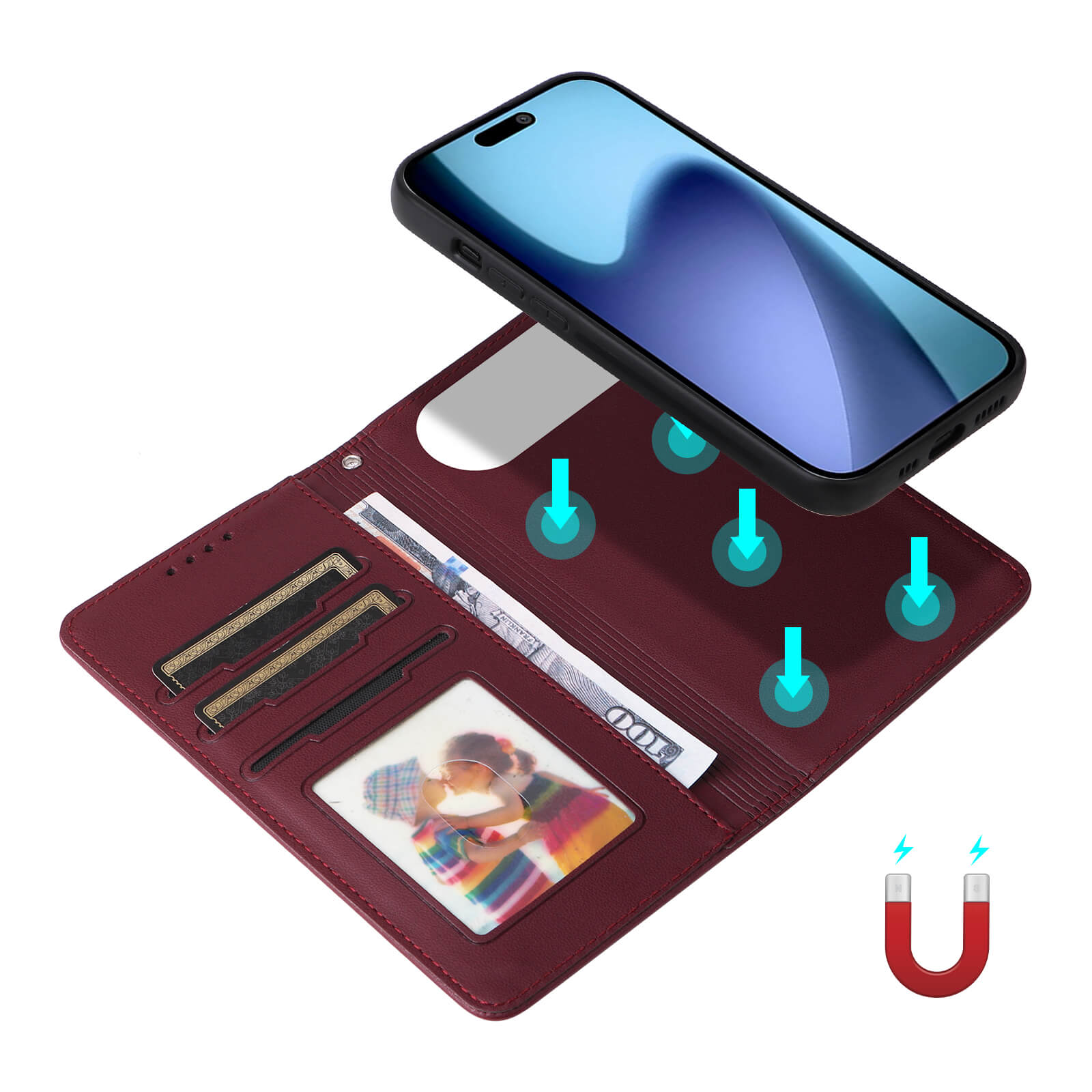 Smartphone mit schwarzer Hülle, über weinrotem Leder-Wallet-Case mit Kartenfächern, Fotos und 100-Dollar-Schein.