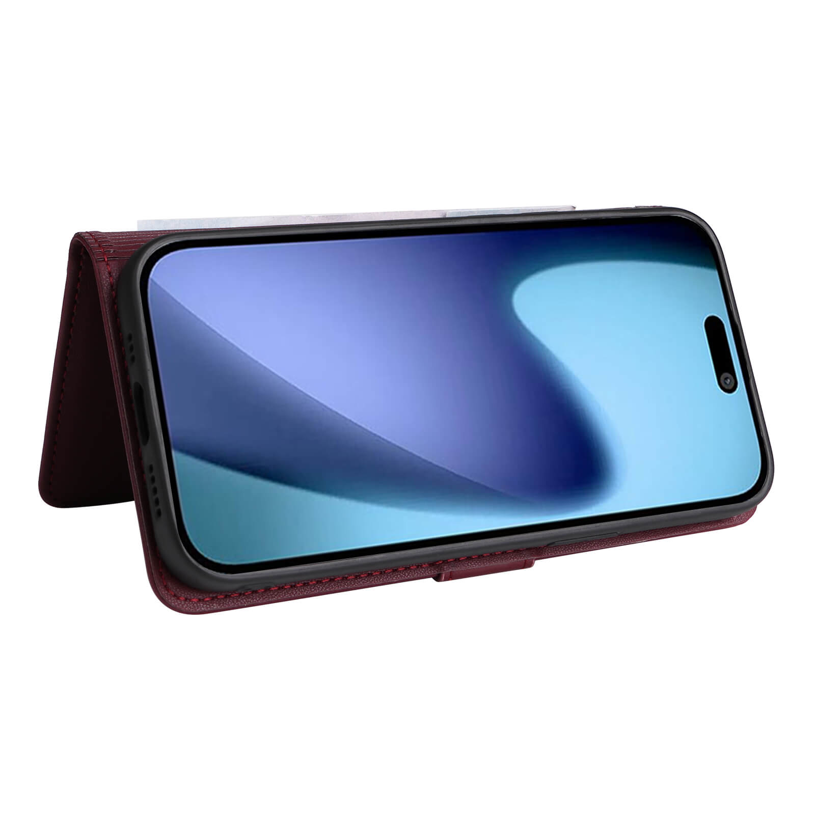 Smartphone im Querformat mit blauem Bildschirm, unterstützt von einer dunkelroten Klapphülle als Ständer.