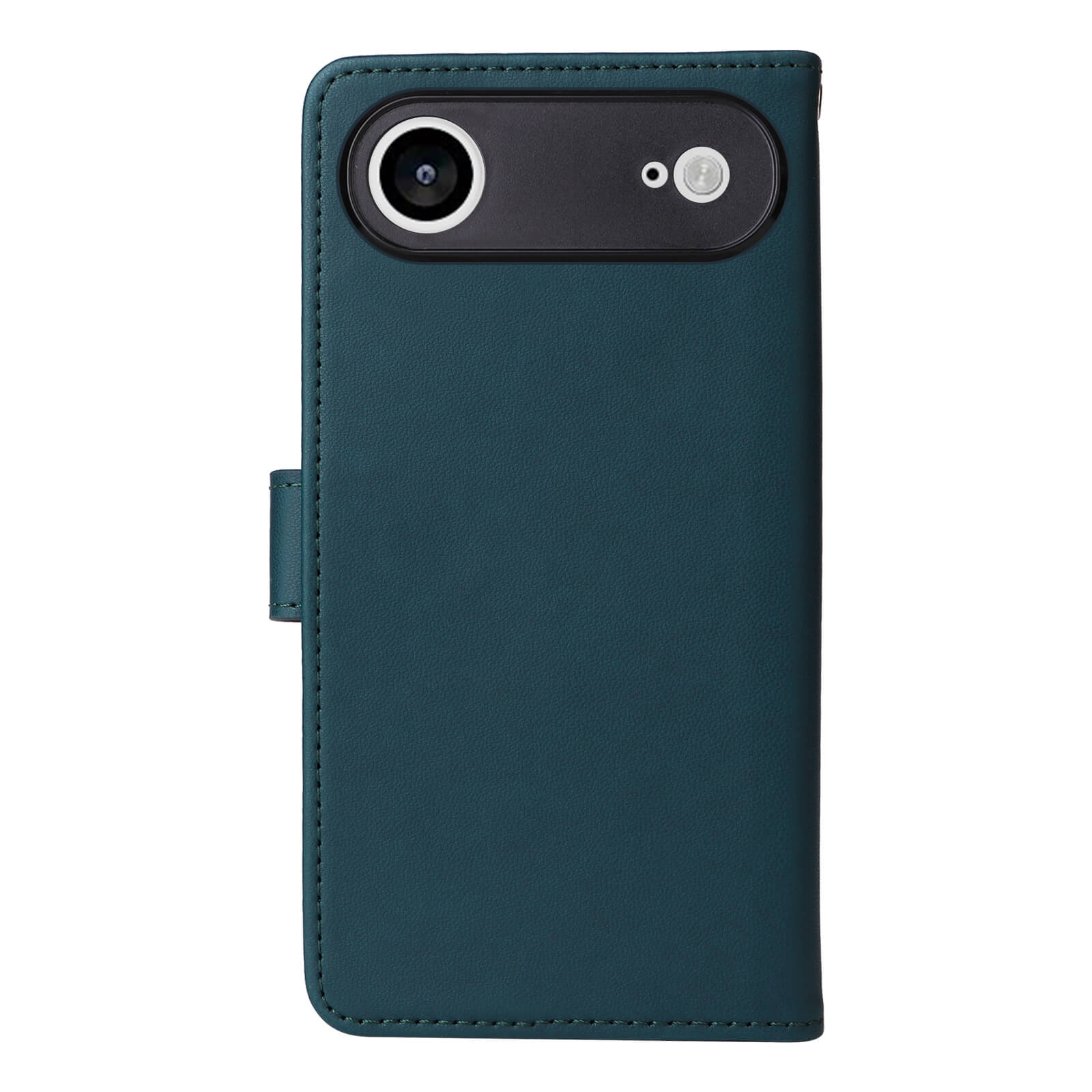 Elegante, türkisfarbene Leder-Handyhülle mit Magnetverschluss und sichtbaren Nähten, schützt Smartphone mit Kamera.