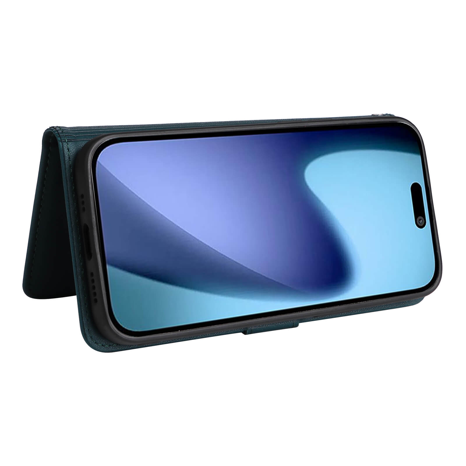 Ein iPhone 17 Air in einer dunklen Cover-Discount Teilbare Brieftasche 2-in-1 Handyhülle ist horizontal aufgestützt und zeigt einen blauen abstrakten Bildschirm.