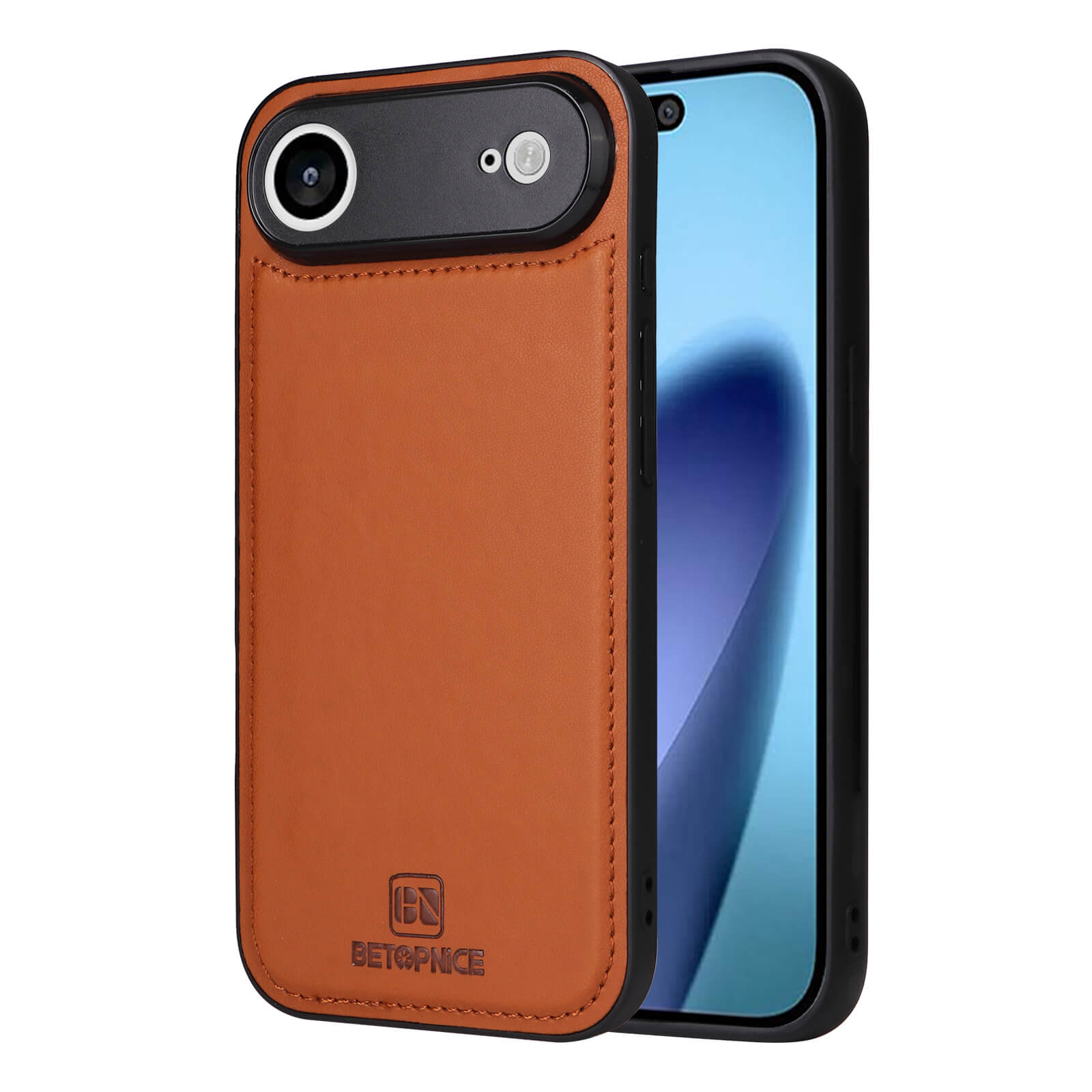 Smartphone mit blauem Display in braunem Lederetui von BETOPNICE, sichtbare Nähte und Kameraöffnung