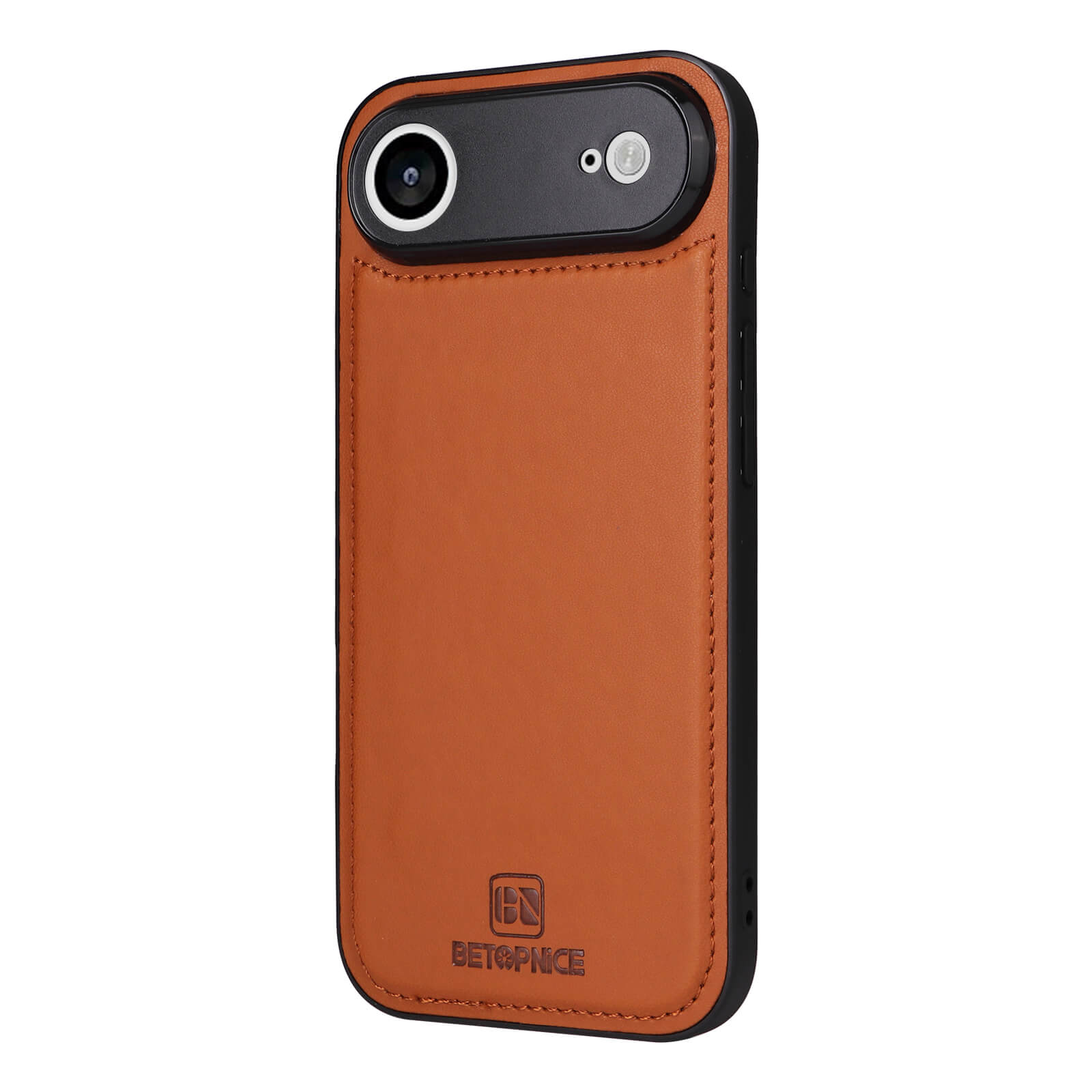 Smartphone-Hülle aus braunem Leder mit schwarzen Kanten, Kameraausschnitt und BETOPNICE-Prägung.
