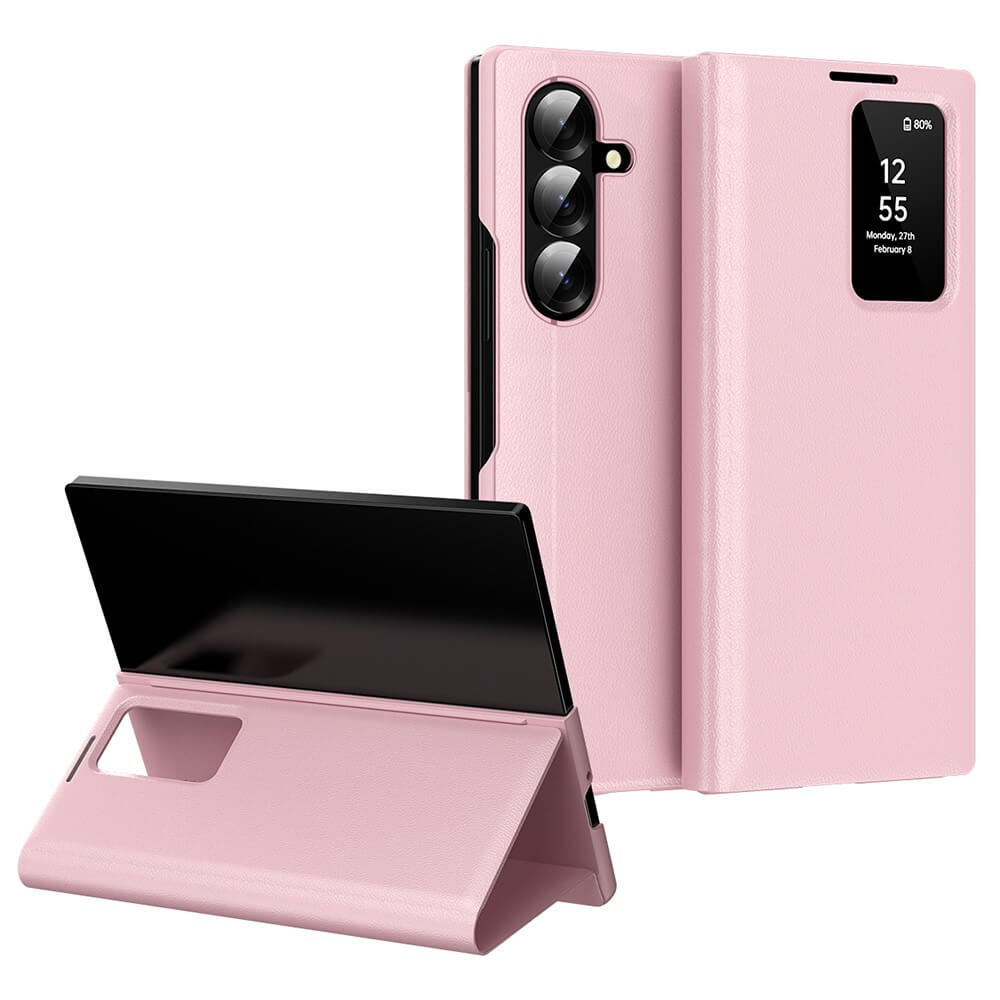 Zwei rosafarbene Galaxy Z Fold7 Smart Covers von Cover-Discount: eines hat ein Fenster, um das Display Ihres Telefons zu sehen, das andere dient als praktischer Ständer.