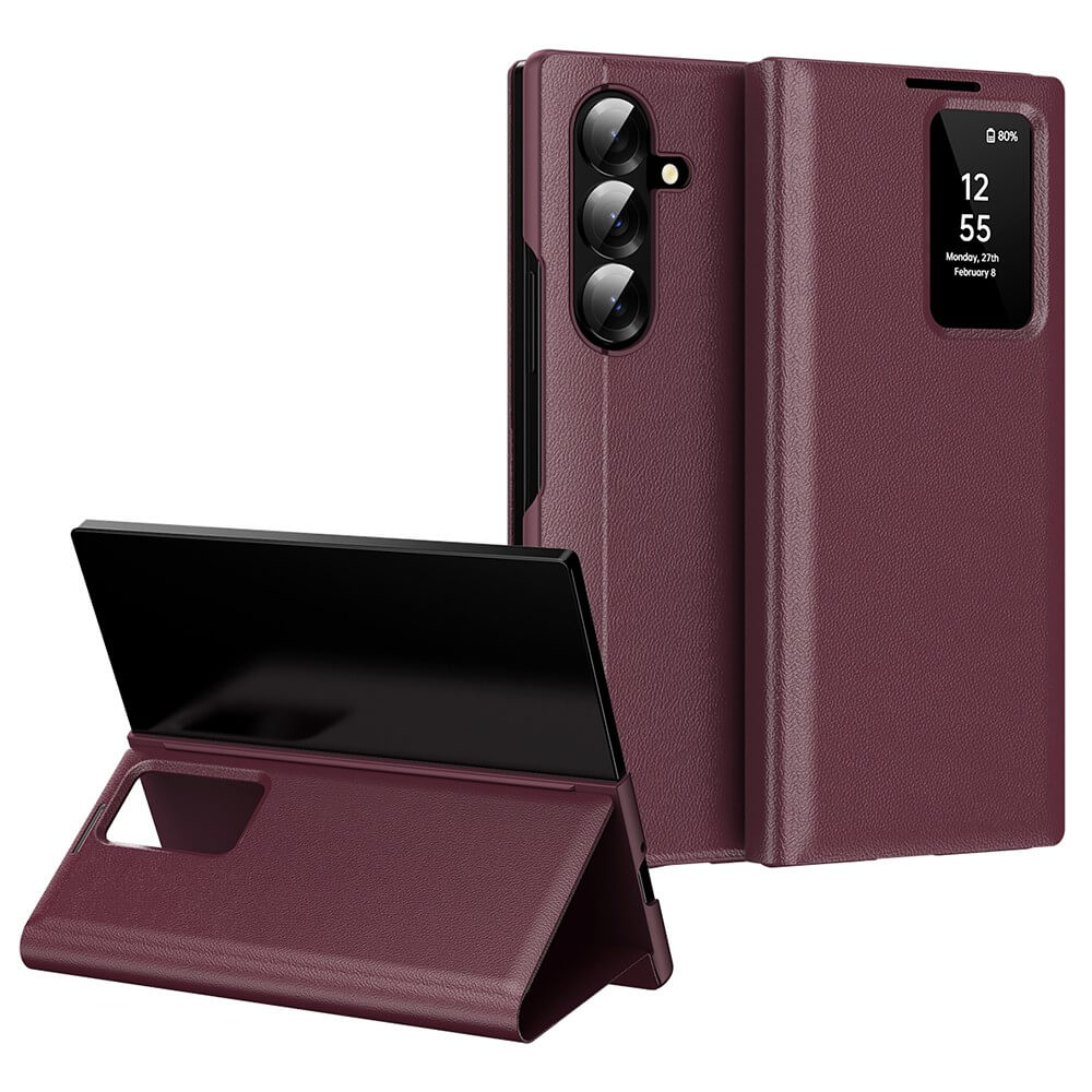 Zwei burgunderfarbene Cover-Discount Galaxy Z Fold7-Hüllen: eine als Ständer, die andere mit einem Smart Cover Window View Display.