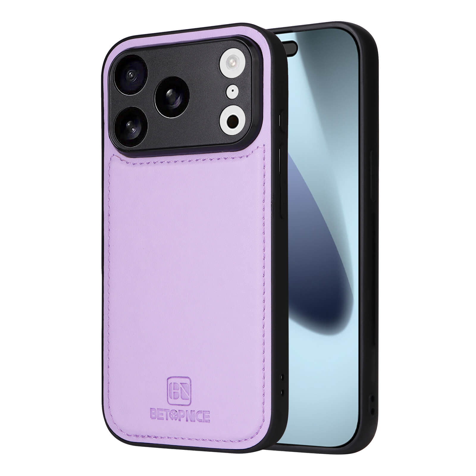 Smartphone mit violettem BETOPNICE-Schutzhülle, schwarzem Rand und drei Kameraausschnitten.