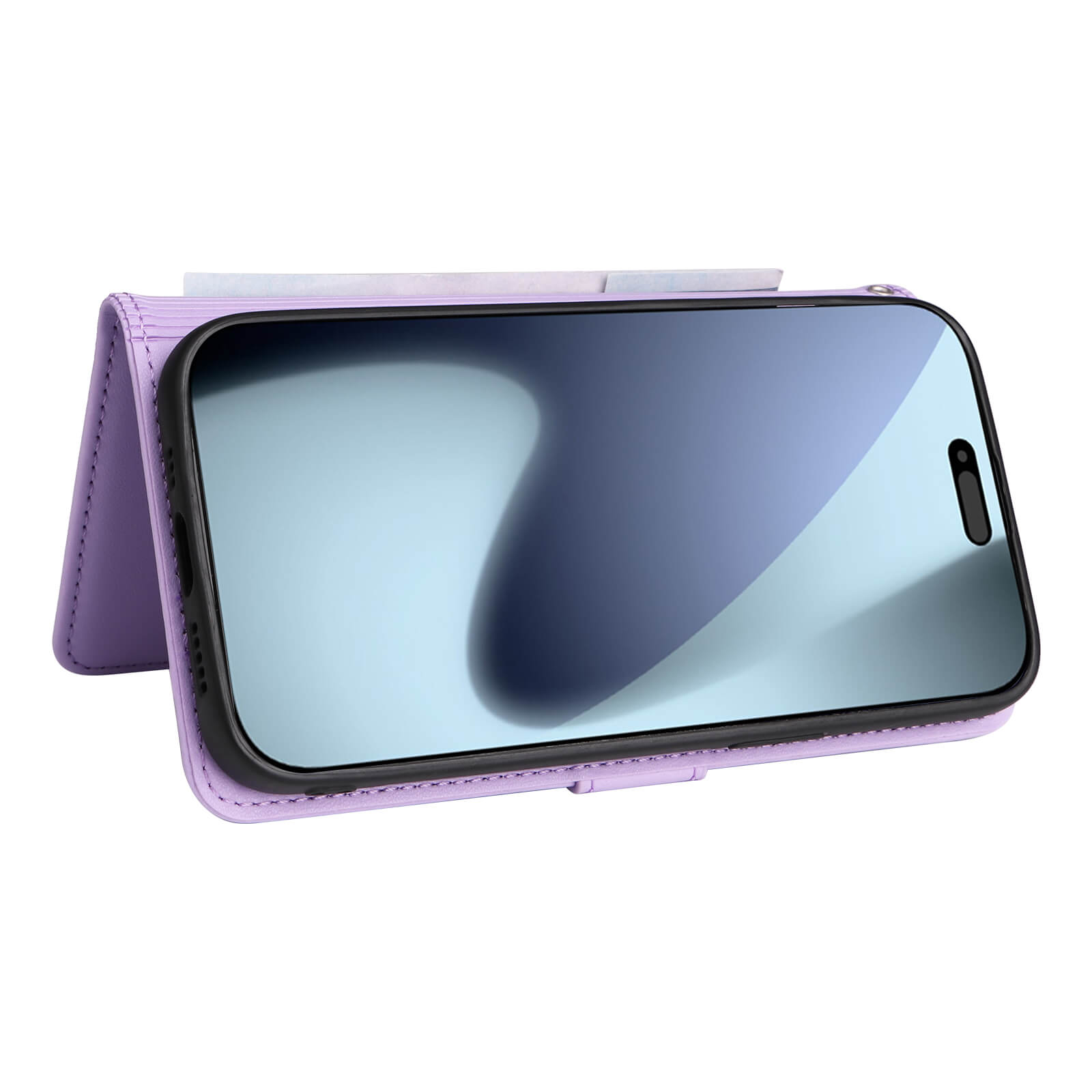 Smartphone in lila Klappetui mit sichtbarem Bildschirm und feiner Naht, aufrecht positioniert.