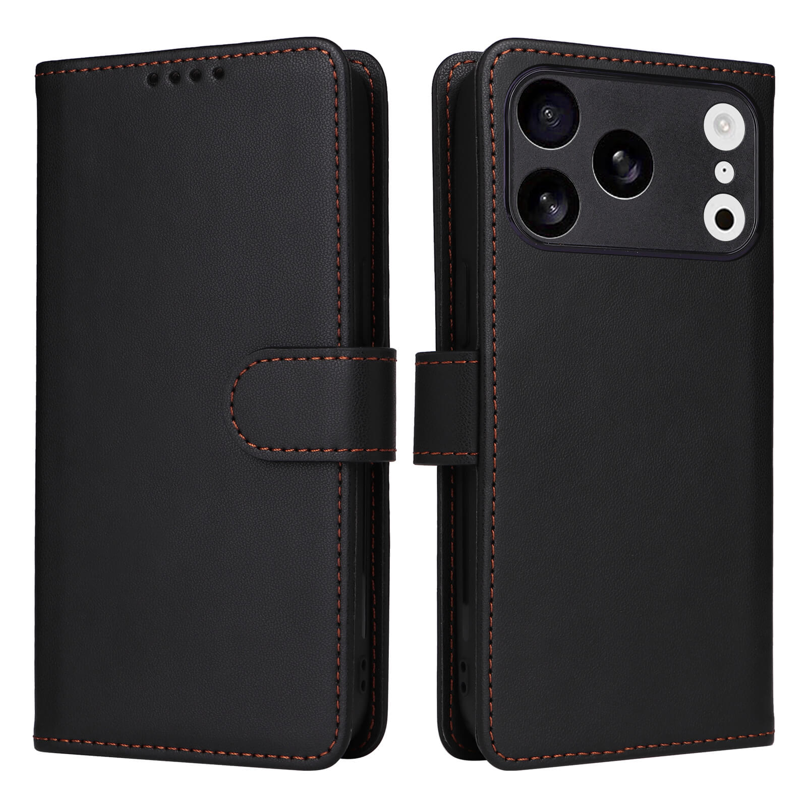 Schwarze Leder-Handyhülle mit orangefarbener Naht und Magnetverschluss, Vorder- und Rückseite sichtbar.