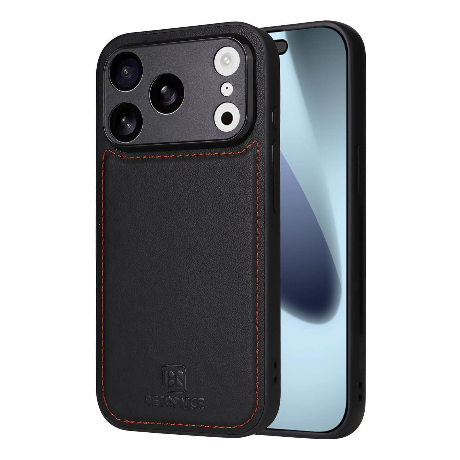 Die Cover-Discount iPhone 17 Pro Teilbare Brieftasche 2-in-1 Handyhülle in elegantem Schwarz mit orangefarbener Naht und Kartenfach wird auf einem Smartphone mit nach vorne gerichtetem Display präsentiert.
