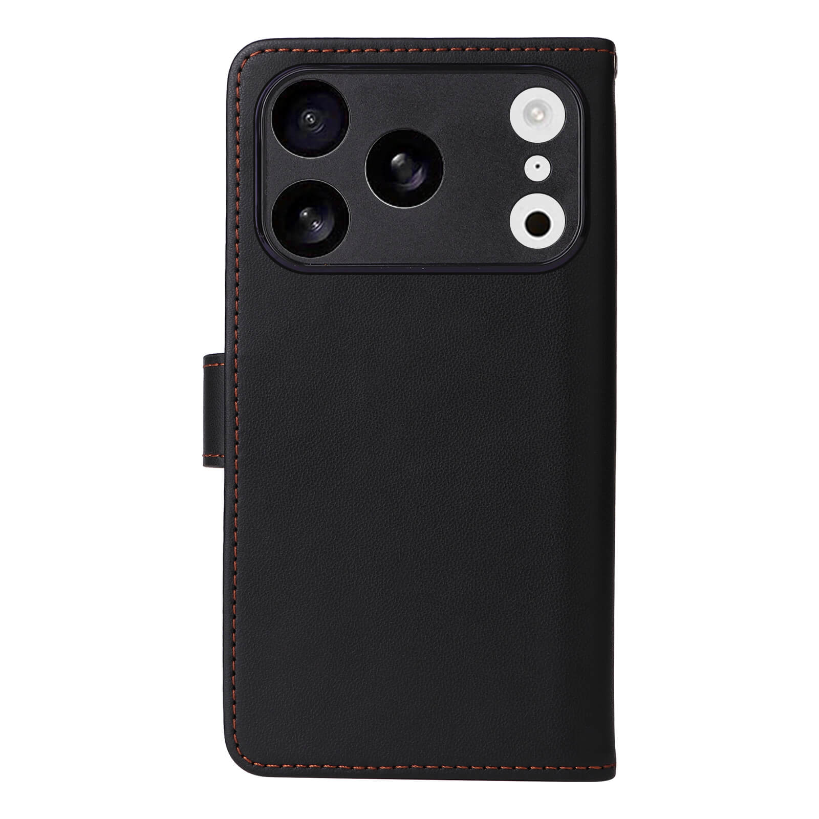 Die Cover-Discount iPhone 17 Pro - Teilbare Brieftasche 2-in-1 Handyhülle in Schwarz zeichnet sich durch rote Randnähte und sichtbare Kameraausschnitte aus, hier von hinten.