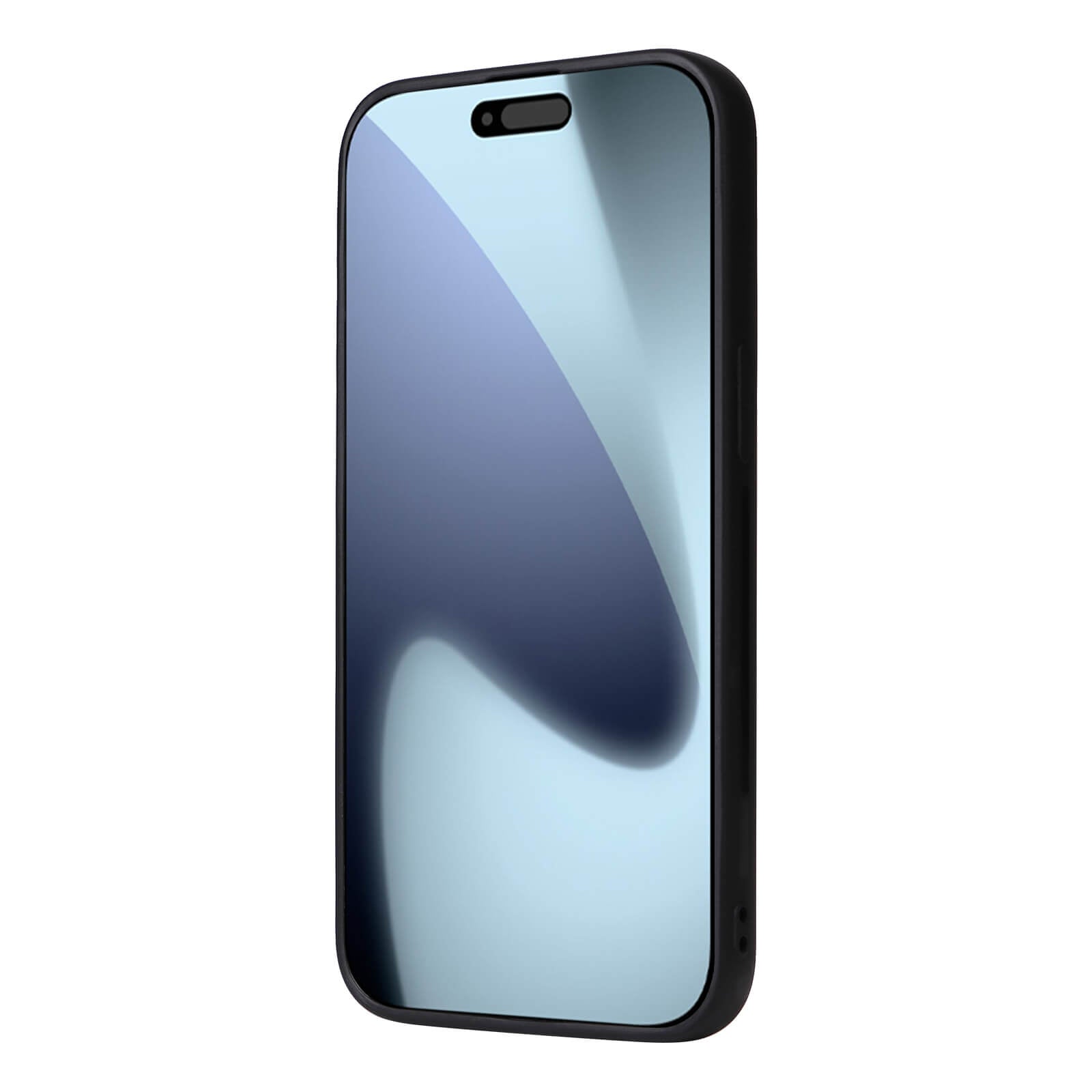 Ein schwarzes Smartphone mit reflektierendem Bildschirm, angewinkelt auf weißem Hintergrund, ist elegant in der Cover-Discount iPhone 17 Pro - Teilbare Brieftasche 2-in-1 Handyhülle für vielseitigen Schutz untergebracht.