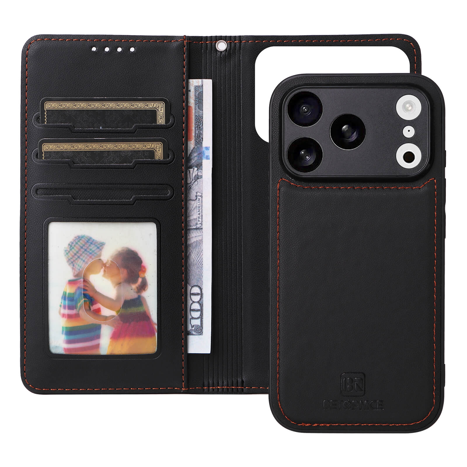 Elegante schwarze Leder-Wallet-Hülle mit orangenen Nähten, Kartenfächern, 100-Euro-Schein und Smartphone mit Dreifachkamera