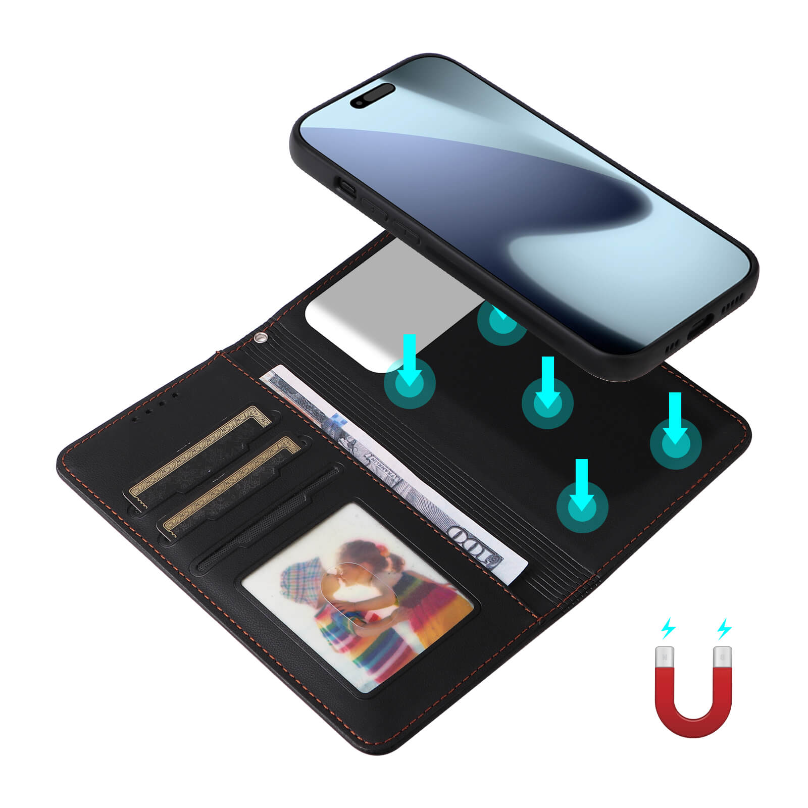 Schwarzes Lederportemonnaie mit roten Nähten, geöffnet mit Kartenfächern, Ausweisfach und Geldschein; daneben ein Smartphone mit blau-schwarzem Farbverlauf und magnetischen Verbindungspunkten.