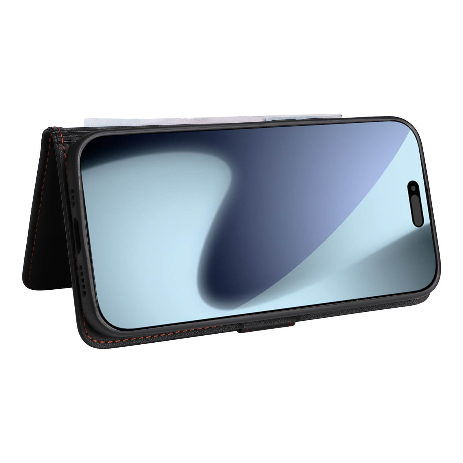 Ein iPhone 17 Pro in einer schwarzen Cover-Discount Teilbare Brieftasche 2-in-1 Handyhülle wird waagerecht aufgestützt, wobei die Hülle als Ständer dient.