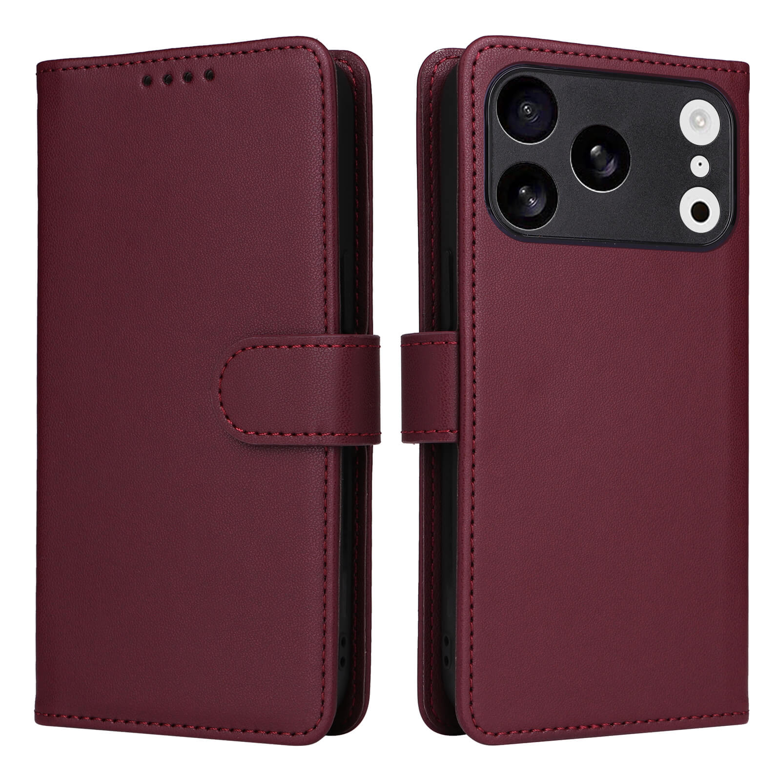 Die Cover-Discount iPhone 17 Pro - Teilbare Brieftasche 2-in-1 Handyhülle in Burgunderrot zeigt sich geschlossen und offen mit Kameraaussparungen sowie einer magnetischen Hülle und sicherem Verschluss.