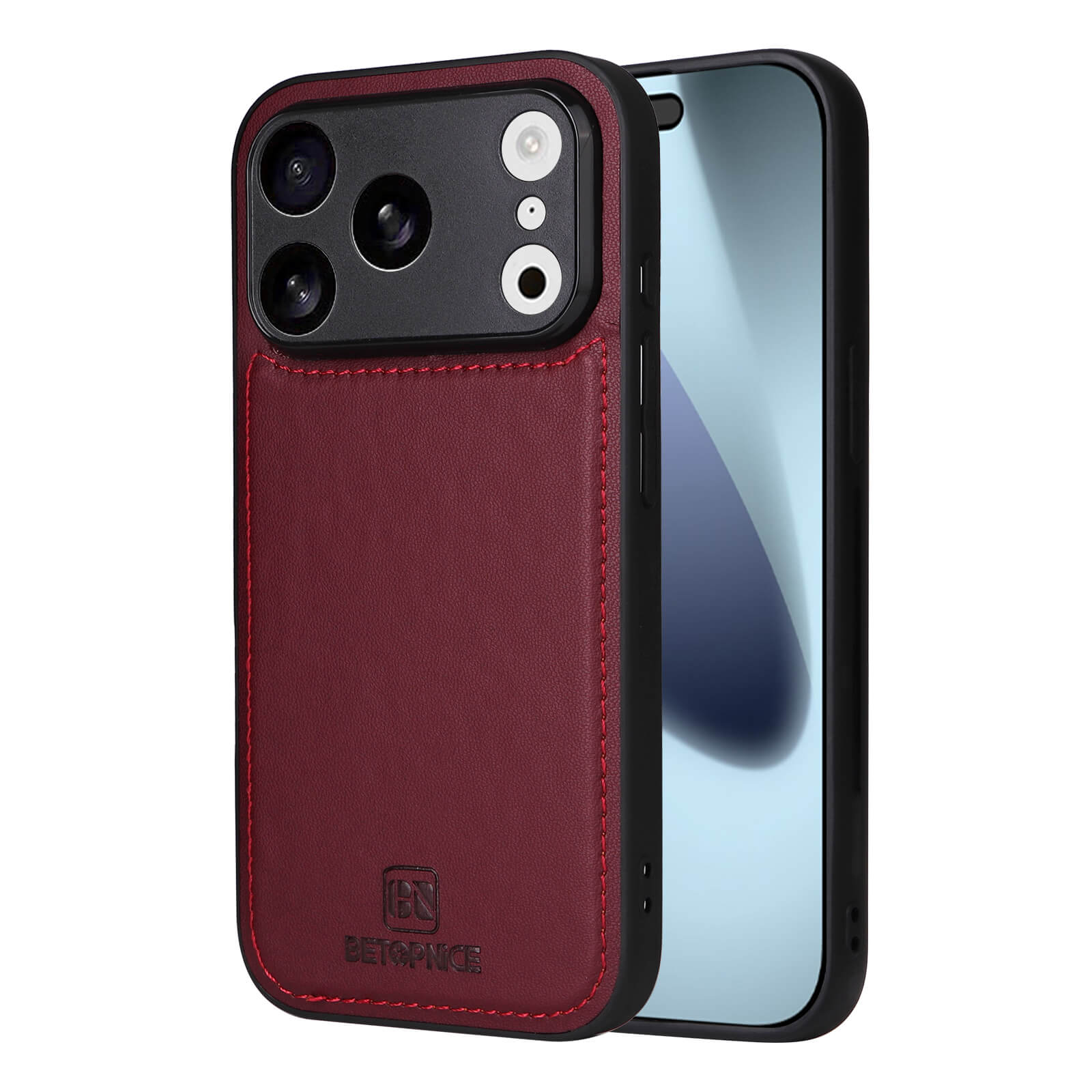 Ein iPhone 17 Pro mit rotem Leder Cover-Discount Teilbare Brieftasche 2-in-1 Handyhülle, die sowohl die Rückkamera als auch das Display zeigt.