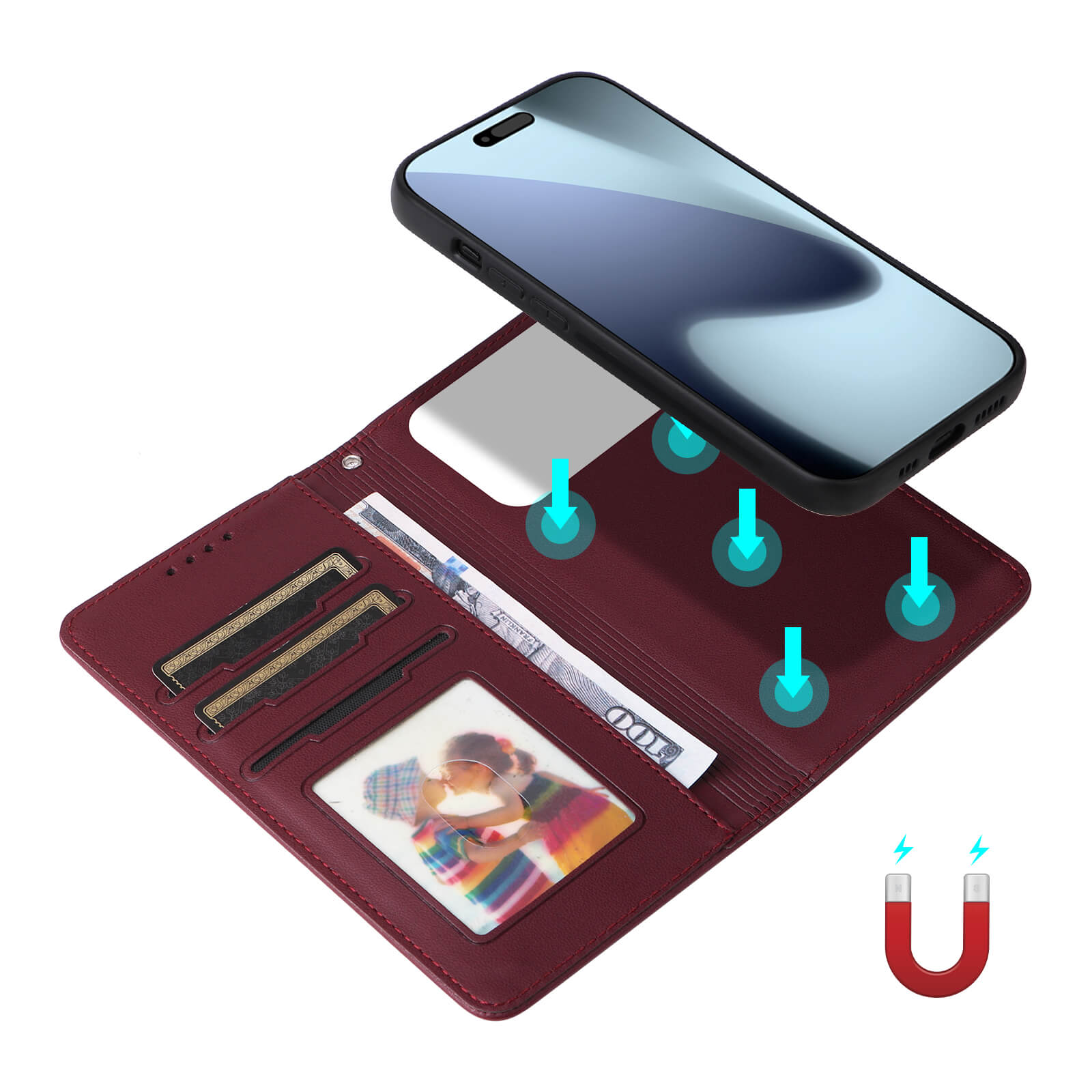 Ein Telefon haftet magnetisch an der kastanienbraunen Cover-Discount iPhone 17 Pro - Teilbare Brieftasche 2-in-1 Handyhülle, die als Brieftasche für Karten, Bargeld und ein Foto dient; Magnetsymbol angezeigt.