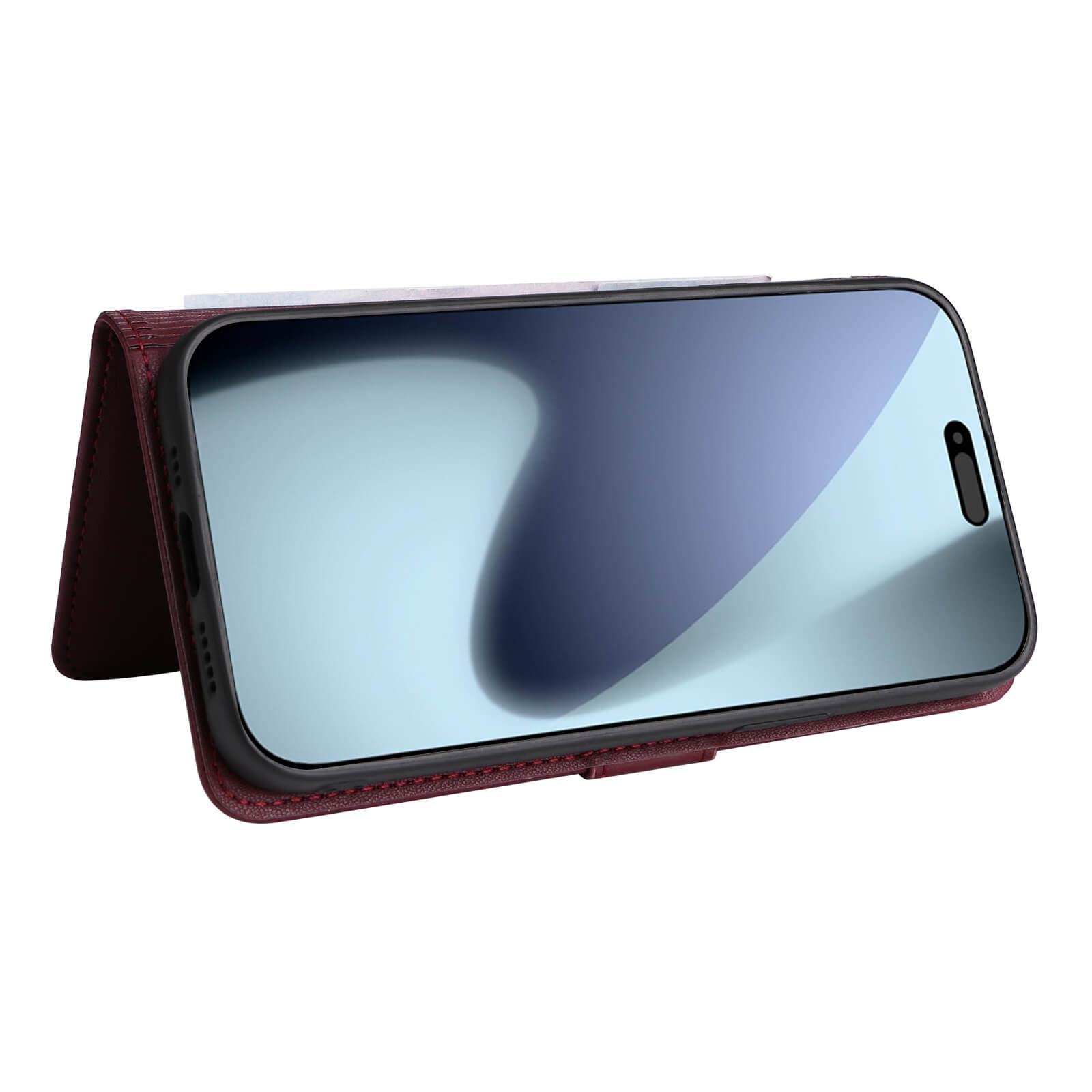 Das iPhone 17 Pro steckt in der teilbaren 2-in-1 Handyhülle von Cover-Discount - als stilvolle Brieftaschenhülle im Standmodus praktisch aufgestellt.
