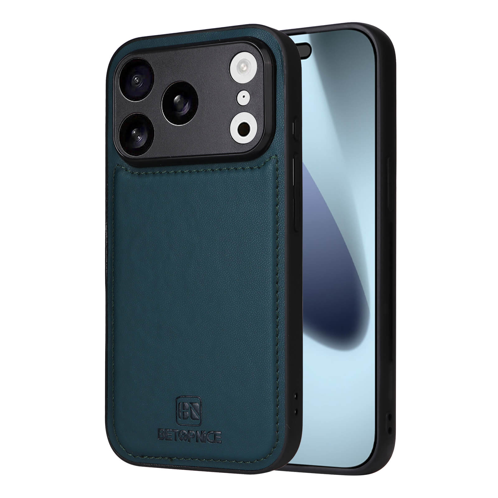 Die Cover-Discount iPhone 17 Pro Teilbare Brieftasche 2-in-1 Handyhülle in tealem Leder mit schwarzen Rändern ist sowohl in der Vorder- als auch in der Rückansicht zu sehen.