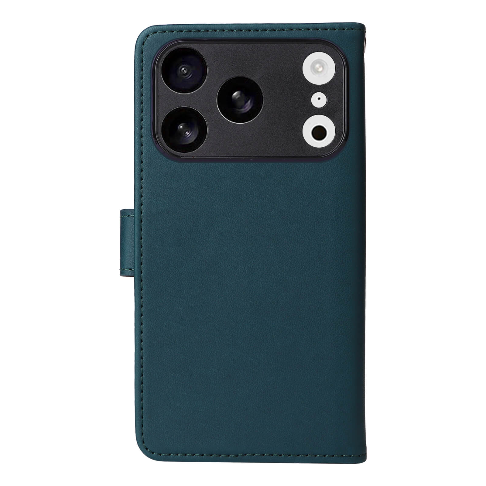 Türkisfarbene Smartphone-Lederhülle mit Naht, magnetischer Klappe und Kameramodul mit drei Linsen.